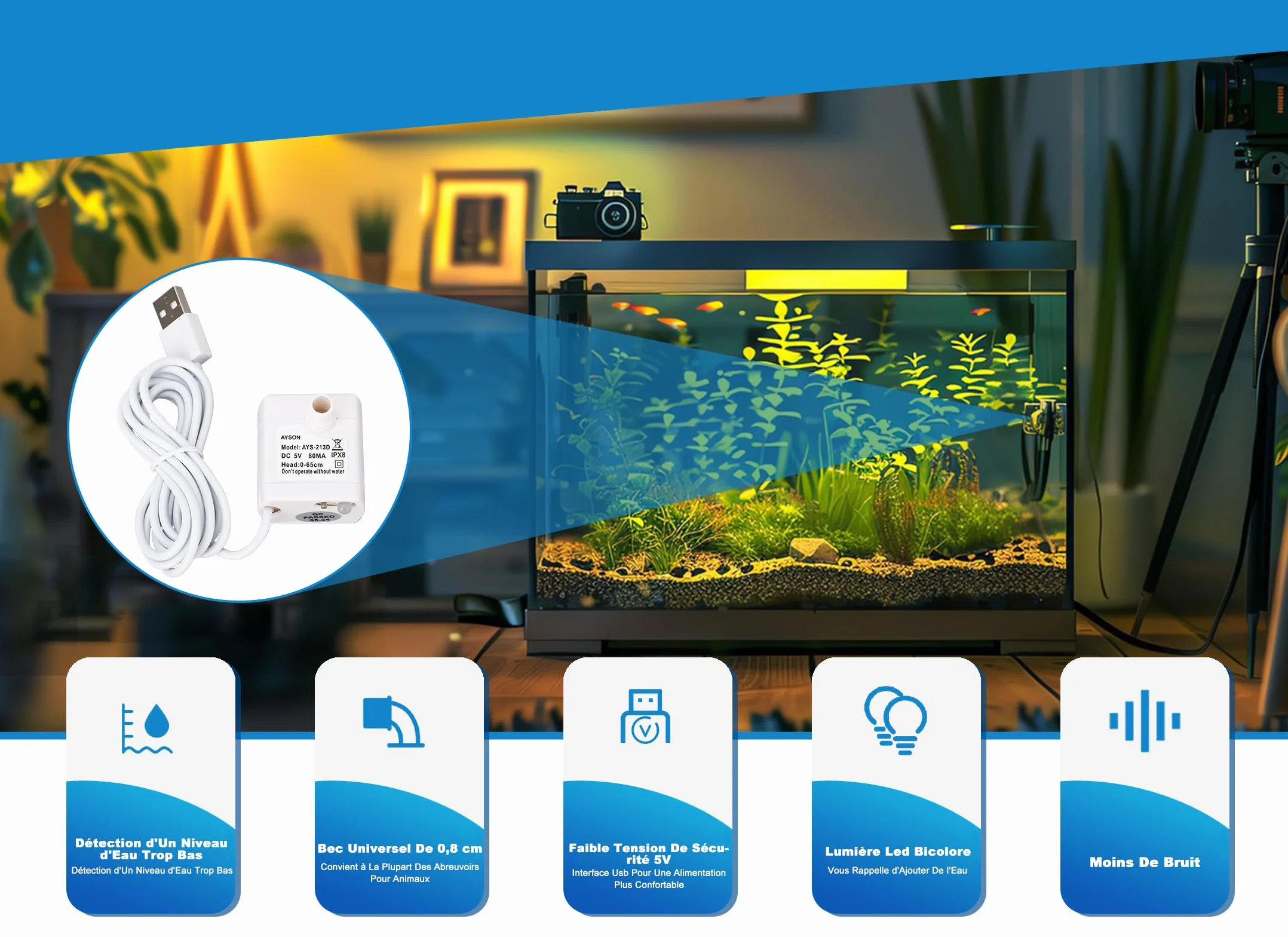 Fontaine pour Animaux USB Super Silencieuse Débit d'Eau Réglable Pompe de Fontaine Chat Chien