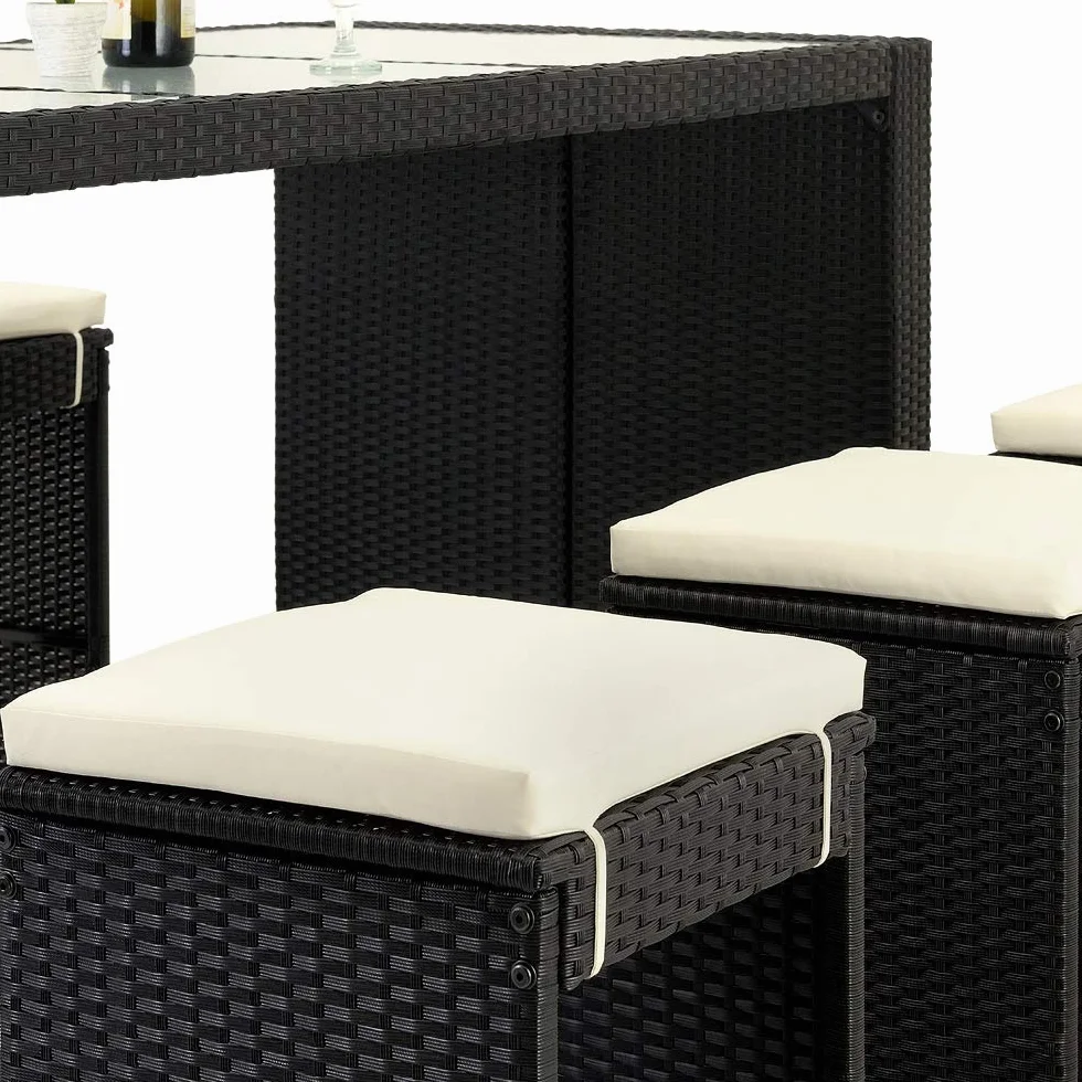 Deuba Bar de Jardin 6+1 en Polyrotin Noir avec Coussins Ensemble Table et Tabourets d'Extérieur