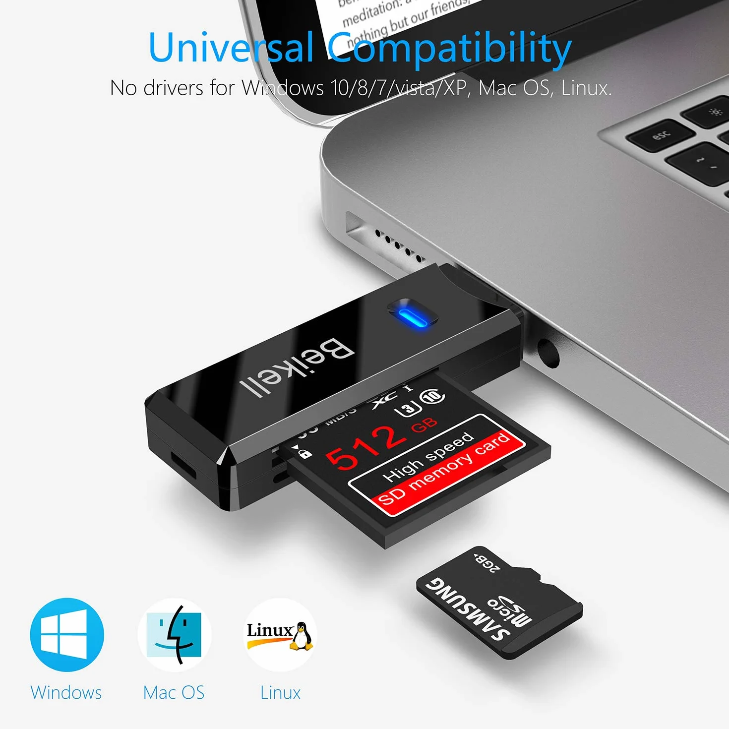 Beikell Lecteur de Carte USB 3.0, Lecteur de Carte Mémoire SD/Micro SD Haute Vitesse Noir