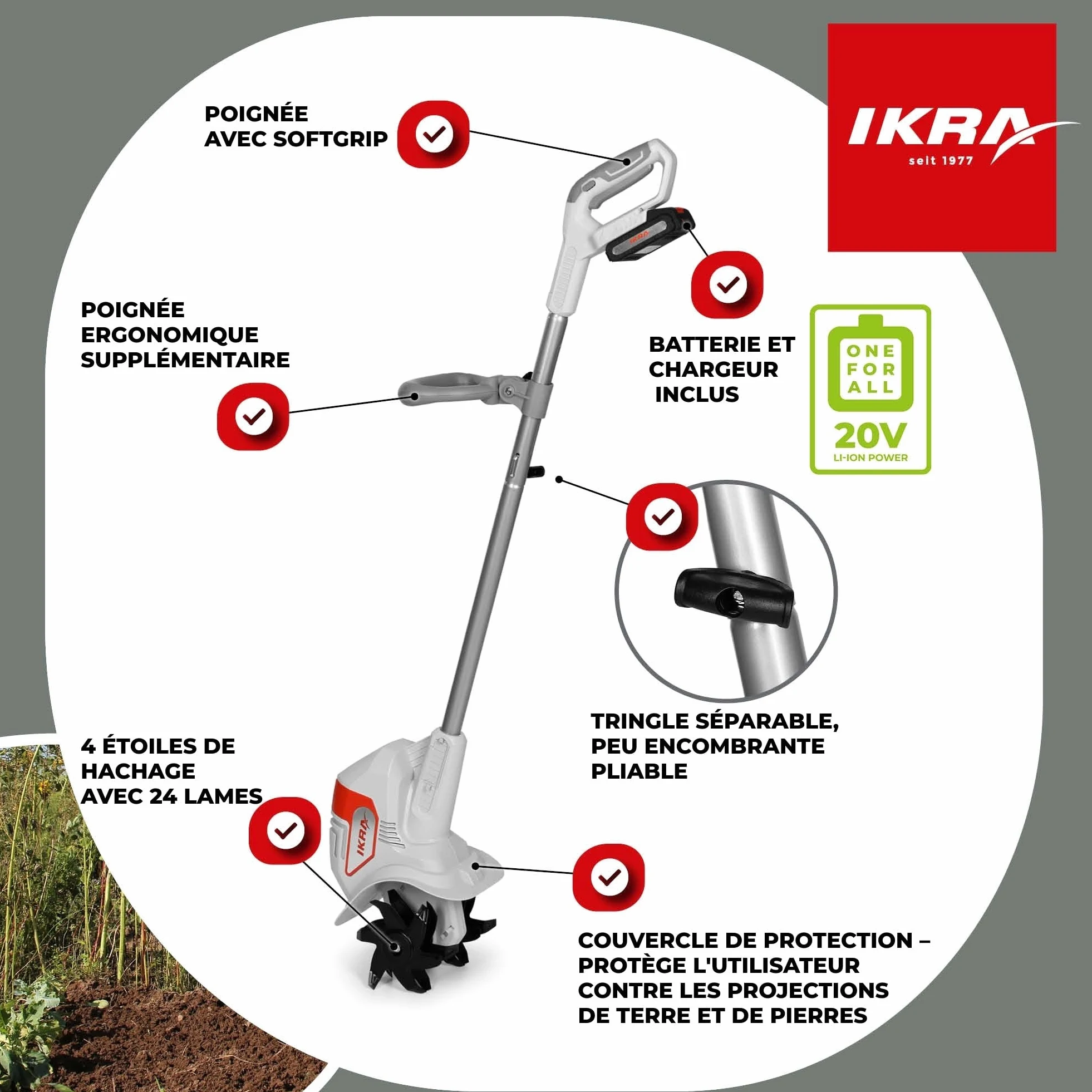 IKRA motoculteur à Batterie IAMH 20, Largeur 19cm, Batterie & Chargeur INCL | Profondeur de travail jusqu'à 15,5 cm, léger, rangement peu encombrant, gamme d'outils sans fil 20 V d'IKRA