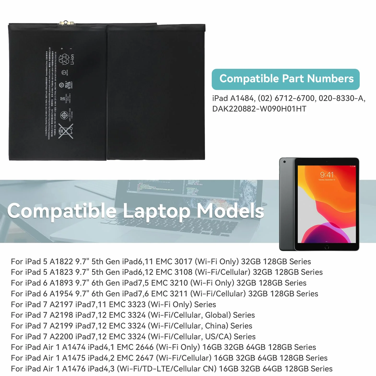 K KYUER A1484 Tablet Batterie pour iPad 5 6 7 8 9 Gen Air 1 2013