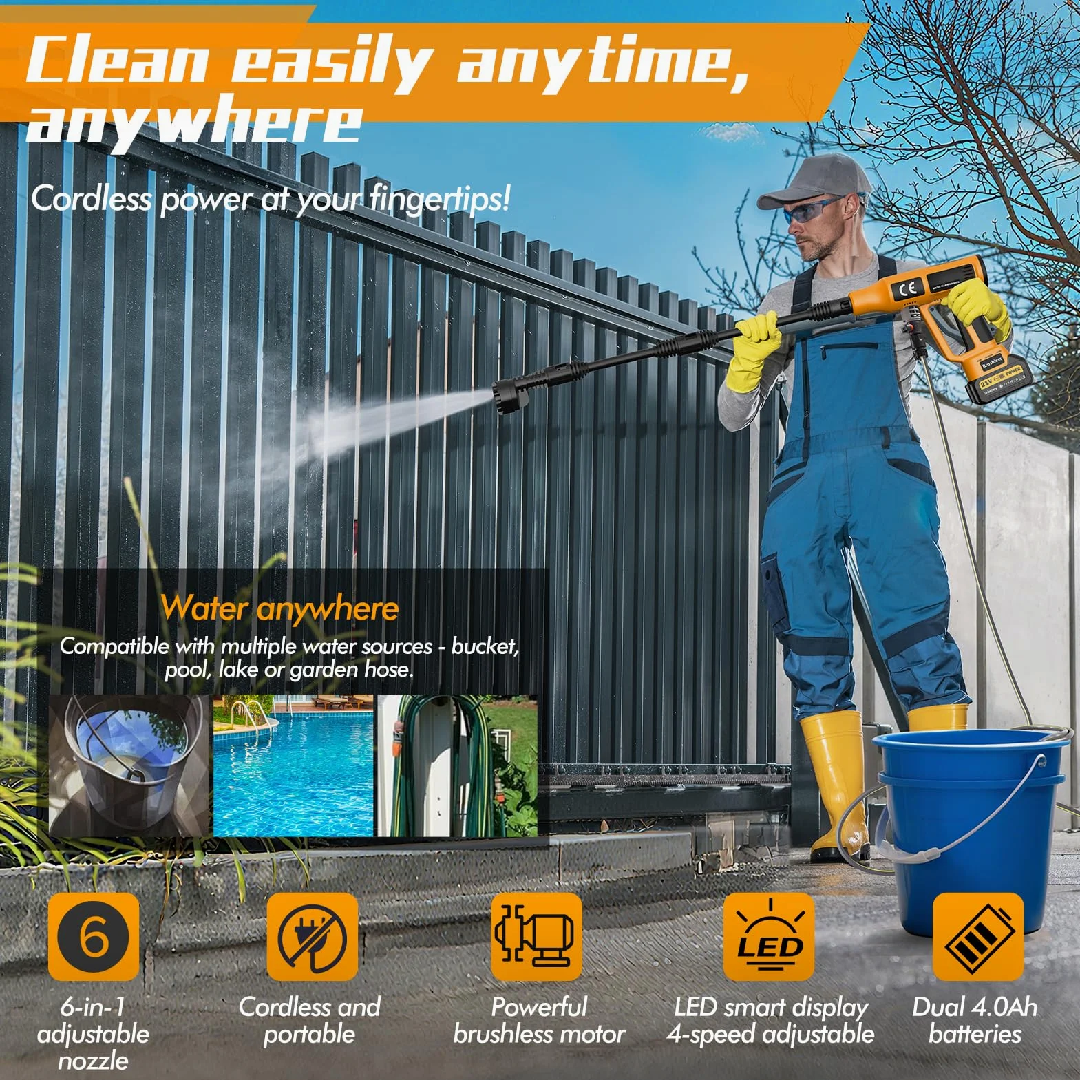 Nettoyeur Haute Pression sans Fil 200 Bar Pressure Washer | 21V Pistolet Portable avec 2*4Ah Batteries, 4 débit d'eau réglable,6 en 1 Buse Réglable,5m Tuyau,Mousse, pour Voitures Sol Terrasse