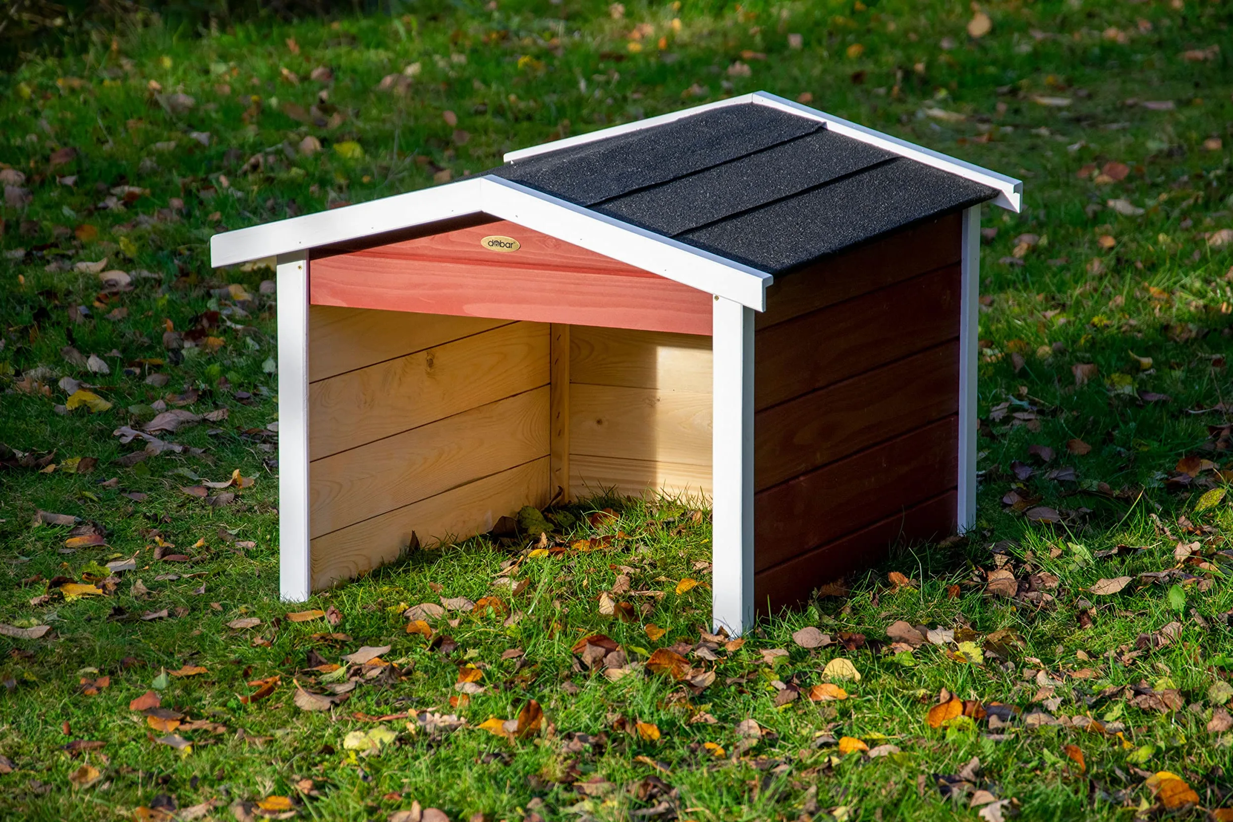 dobar® Garage pour Robot Tondeuse, en Bois, en kit, avec Toit bitumé, 76 x 68 x 52 cm, Rouge/Blanc