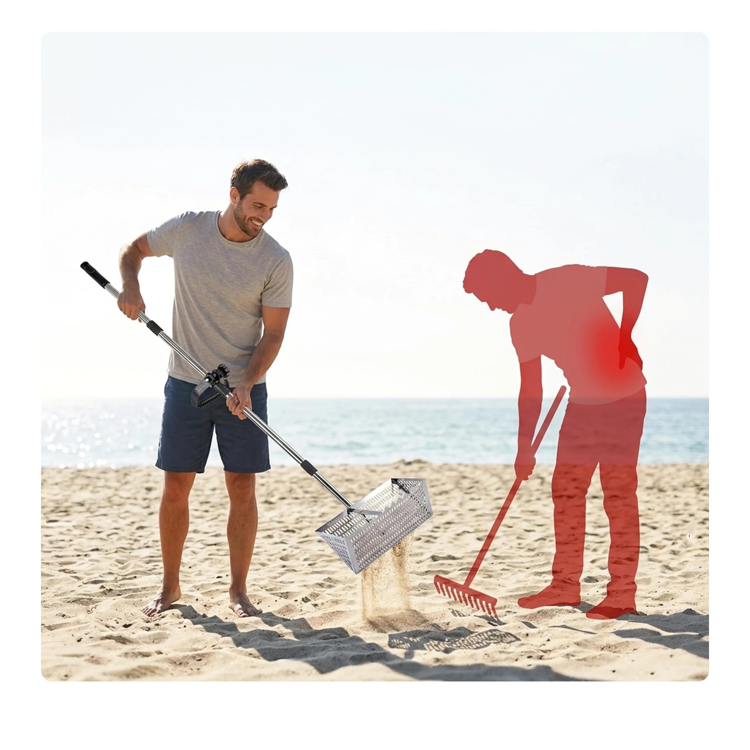 Râteau Plage Relaxdays, Tamis 40 cm, Manche 140 cm, Chasse au trésor/détecteur de métaux & pêche, INOX argenté