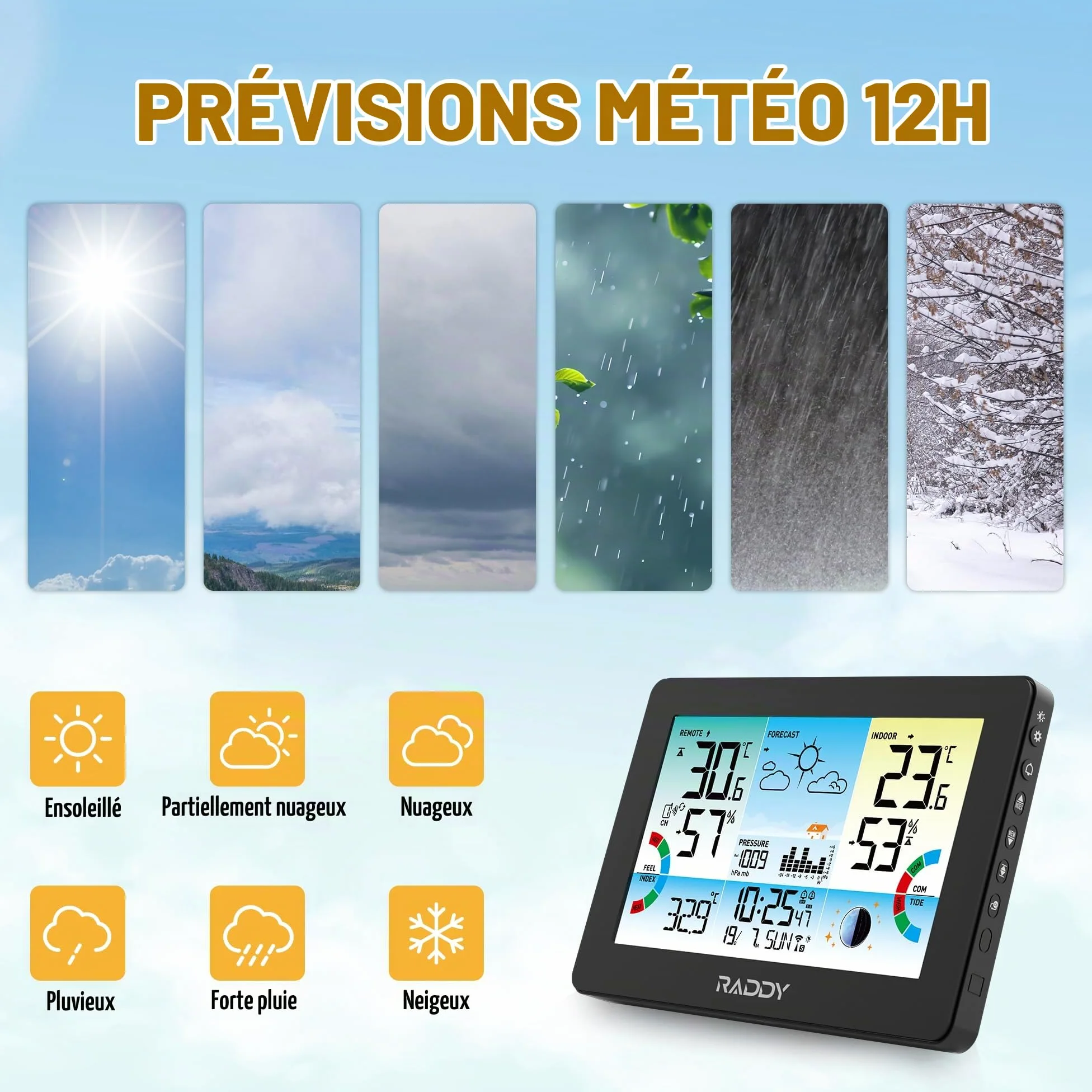 Raddy HW75 Station Météo Sans Fil Intérieur Extérieur, Écran Couleur 7,5", Thermomètre Hygromètre avec Pression Barométrique, Horloge Atomique, Indice de Chaleur, Point de Rosée, Phase Lunaire, Jardin
