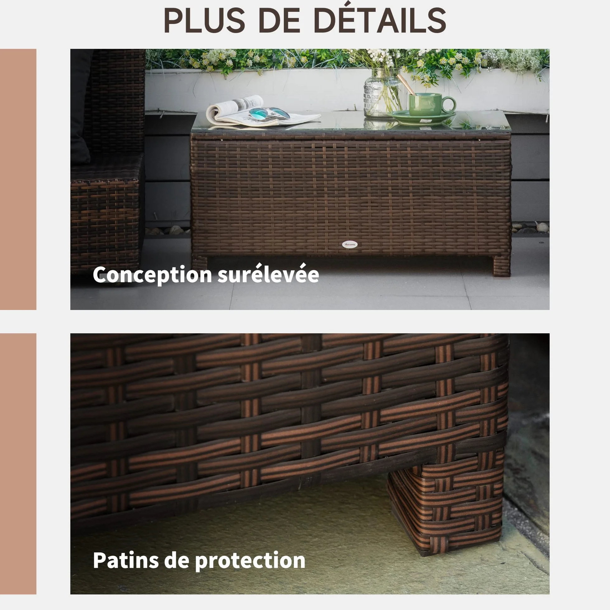 Table Basse de Jardin Outsunny Verre trempé 5 mm rotin tressé 85 x 50 x 39cm 50 kg Marron