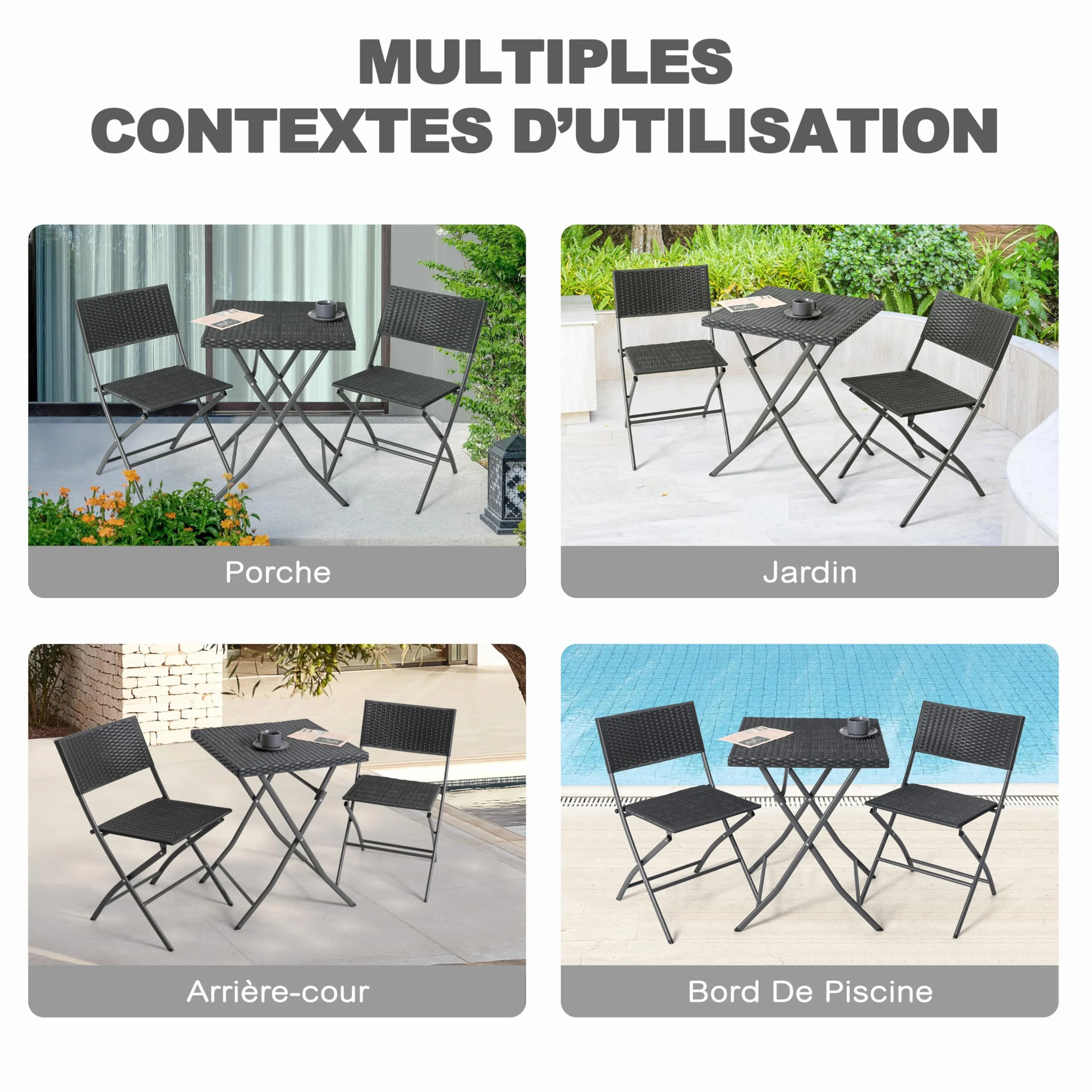 Avestar Ensemble de Bistrot Pliable 3 Pièces Table & 2 Chaises en Rotin PP, Résistant aux Intempéries, Noir