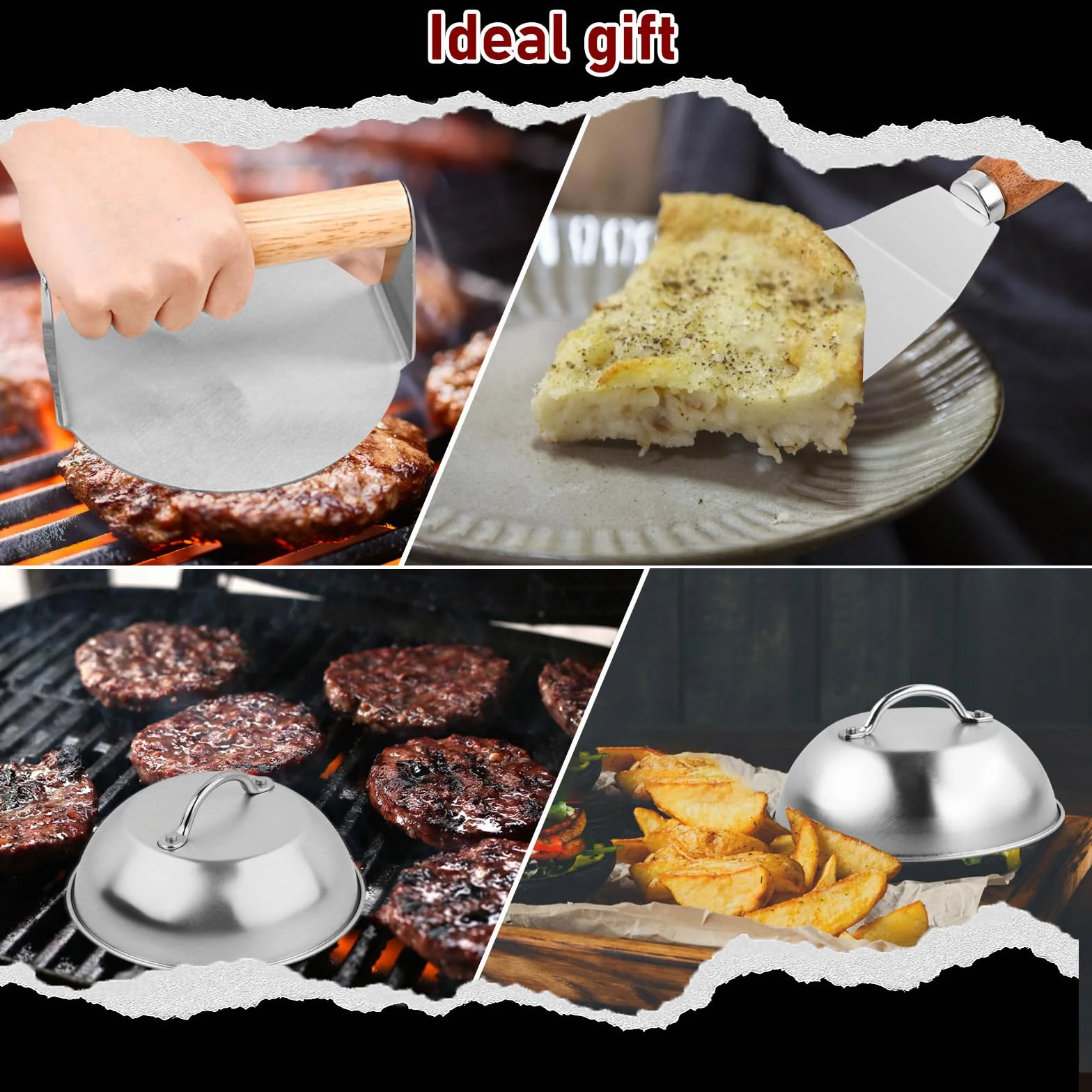 Set de 6 Pièces Smash Burger Press Kit, Acier Inoxydable, Cloche à Hamburger 15x6,5 cm, Presse à Hamburger, Spatule Plancha