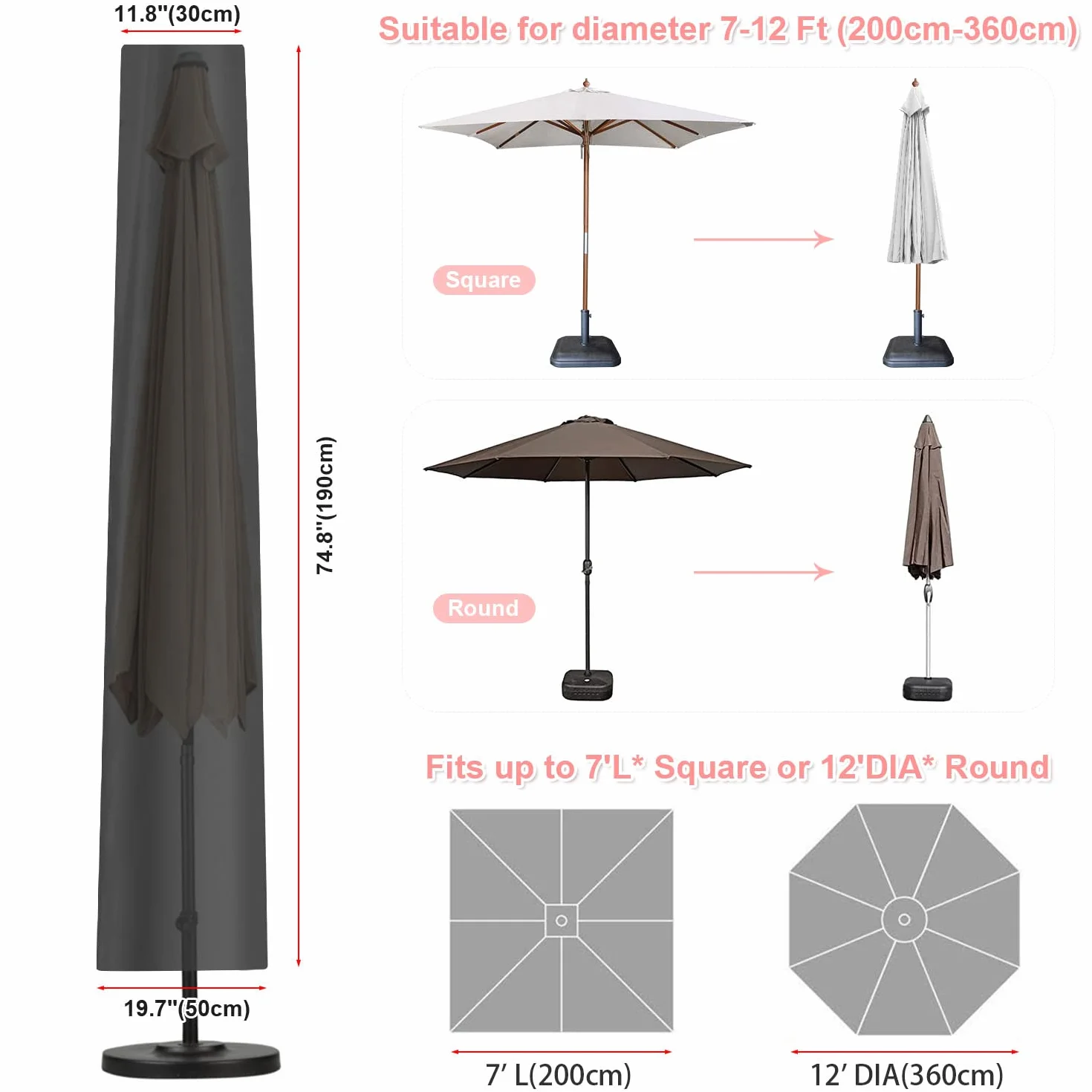 Housse de parasol de jardin imperméable 190x30/50cm anti-UV coupe-vent parasol 2-3 m