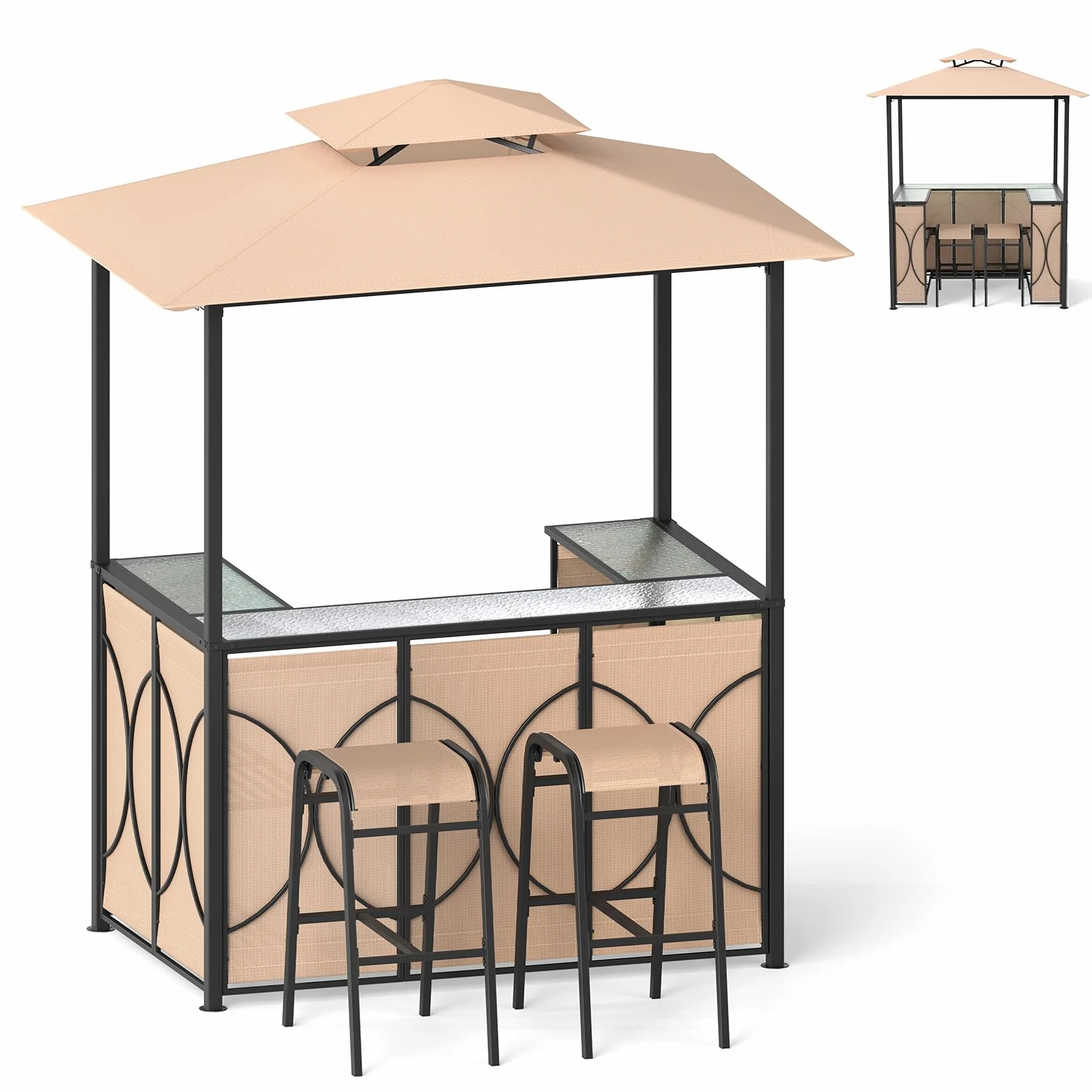 GOPLUS Abri Barbecue avec Bar d'Extérieur, Table de Bar en Verre Trempé, 2 Tabourets, 194 x 121 x 242 cm