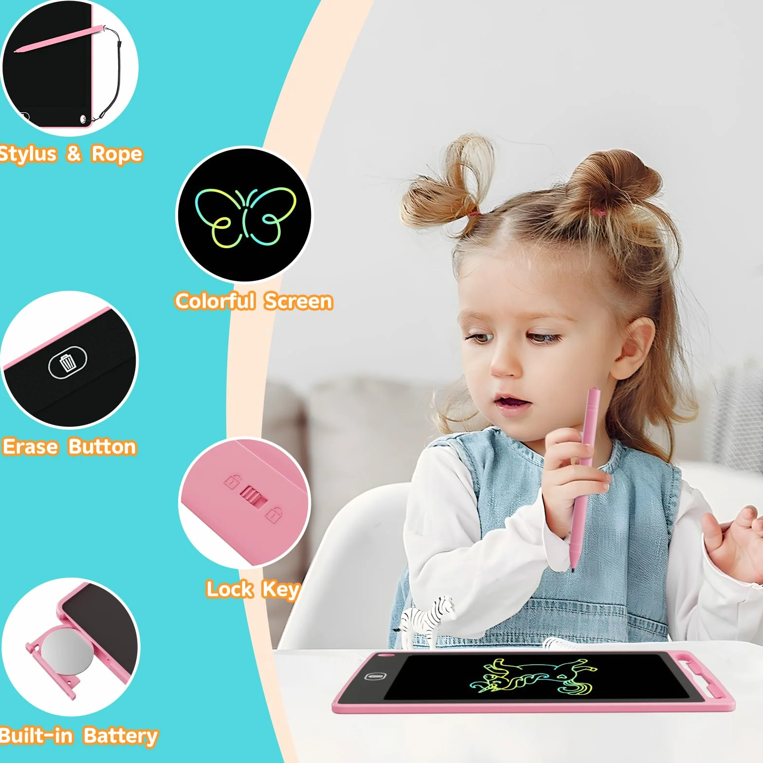 Electight 8.5 Pouces Tablette d'Écriture LCD Colorée avec Verrouillage & Effacement, Jouet Éducatif Enfants, Bleu+Rose+Violet