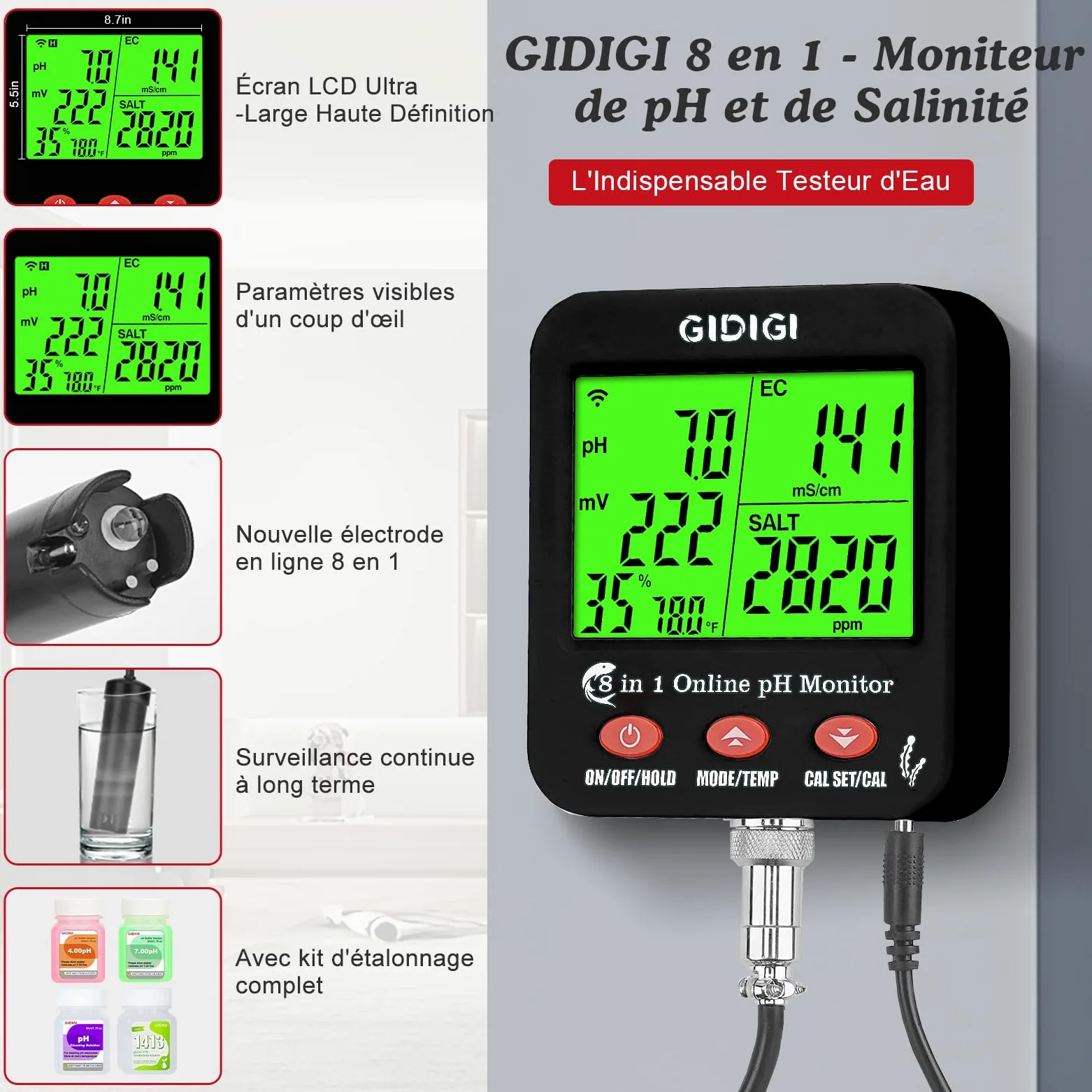 Testeur intelligent WiFi 8 en 1 de pH/EC/CF/TDS/salinité avec ORP | moniteur de nutriments hydroponiques et testeur sel et de pH pour aquariums, bassins et systèmes hydroponiques
