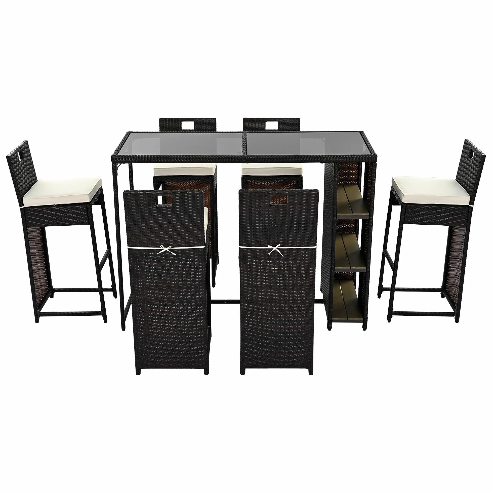 Merax Ensemble bar jardin 7 pièces 6 tabourets hautes polyrotin noir marron foncé