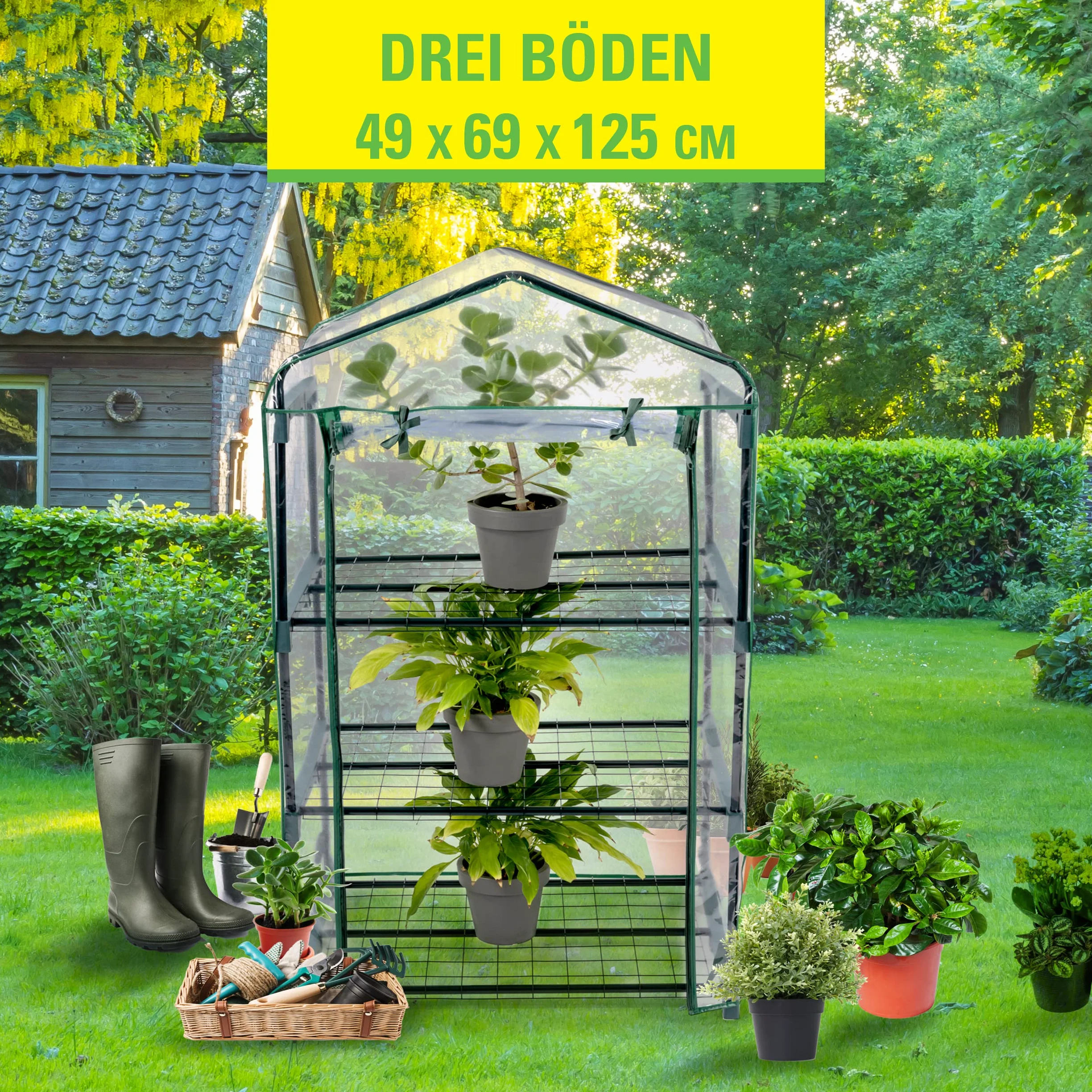 Kinzo Serre de Jardin à 3 étages - 69 x 49 x 136 cm - Transparente avec des Accents Verts