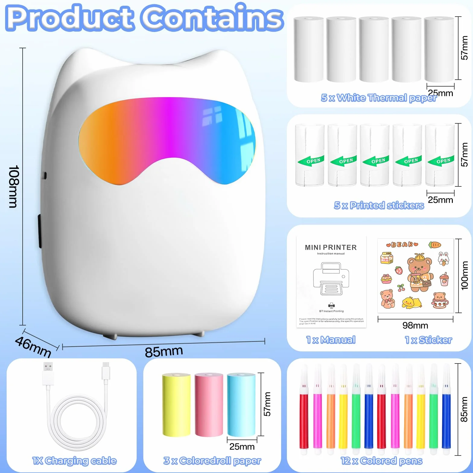 Mini Imprimante Portable Thermique sans Fil Bluetooth avec 14 Rouleaux de Papier pour iOS Android Notes Photos Journal