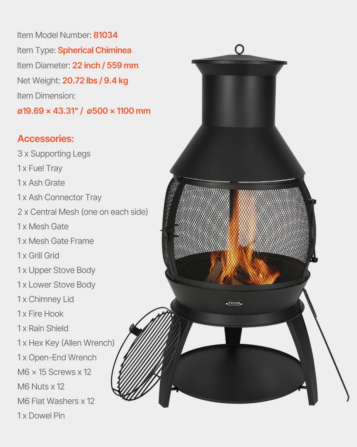 VEVOR Cheminée Extérieur, 559 mm, Poêle à Bois Sphérique en Fer Robuste pour Barbecue et Réchauffer, avec Grille, Couvercle de Cheminée Antirouille, pour Patio, Jardin, Arrière-Cour, en Plein Air