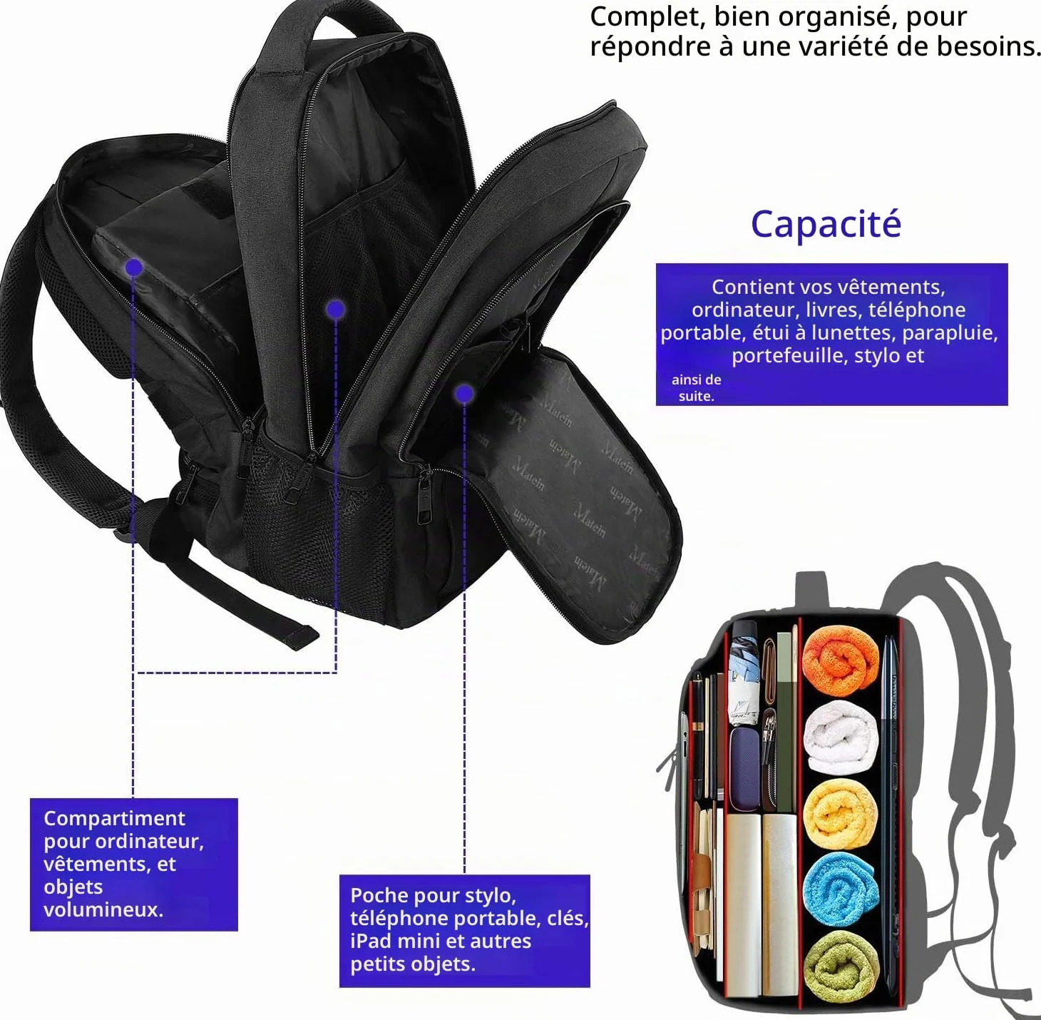 MATEIN Sac à Dos Ordinateur Portable 15.6 Pouces, Imperméable Antivol pour Travail Collège, Noir