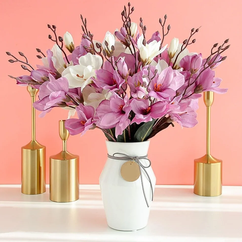 Bouquet de magnolia artificiel 5 broches 20 têtes blanc réaliste