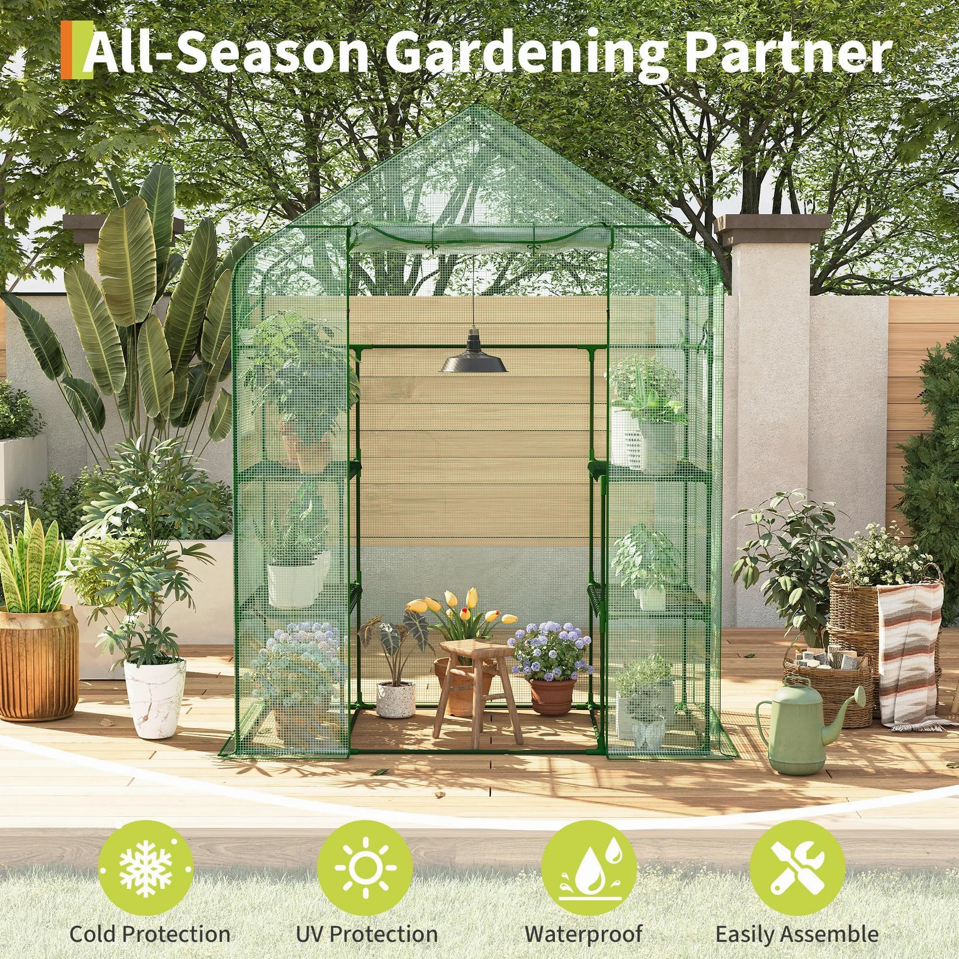 Garvee Serre de jardin à abri Walk-in, 143 x 73 x 195 cm, serre pour plantes avec couverture en polyéthylène 140 g, imperméable et structure en acier, 4 étagères amovibles, 1 porte et 2 fenêtres, vert