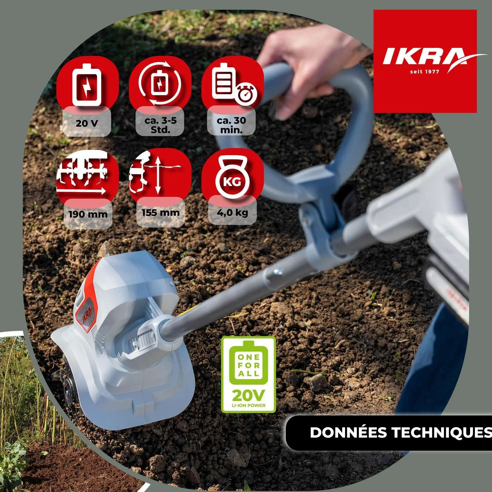 IKRA motoculteur à Batterie IAMH 20, Largeur 19cm, Batterie & Chargeur INCL | Profondeur de travail jusqu'à 15,5 cm, léger, rangement peu encombrant, gamme d'outils sans fil 20 V d'IKRA