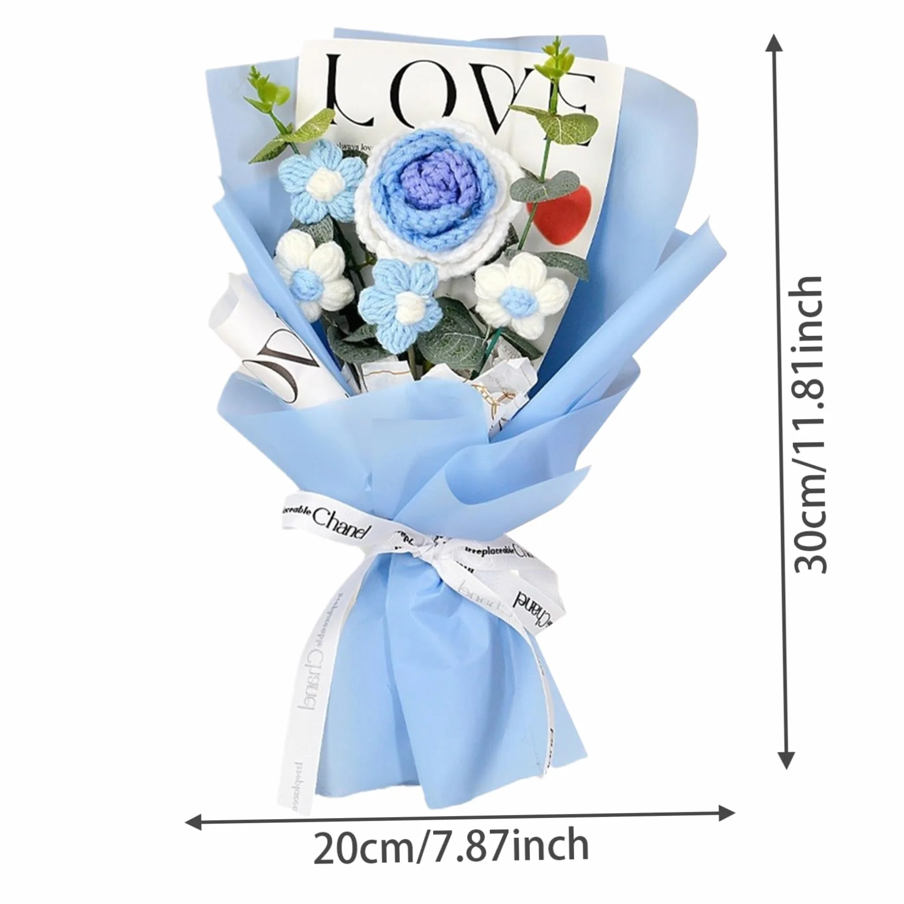Bouquet de Fleurs au Crochet Roses 7.9x11.8" 5 Têtes Tricotées Mariage Bleu