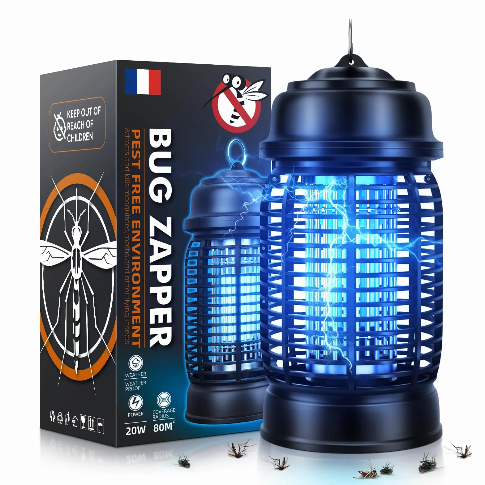 Lampe Anti Moustique 20W UV Tue Mouche Electrique 360° Tueur d'Insectes IPX4 pour Camping Intérieur Extérieur