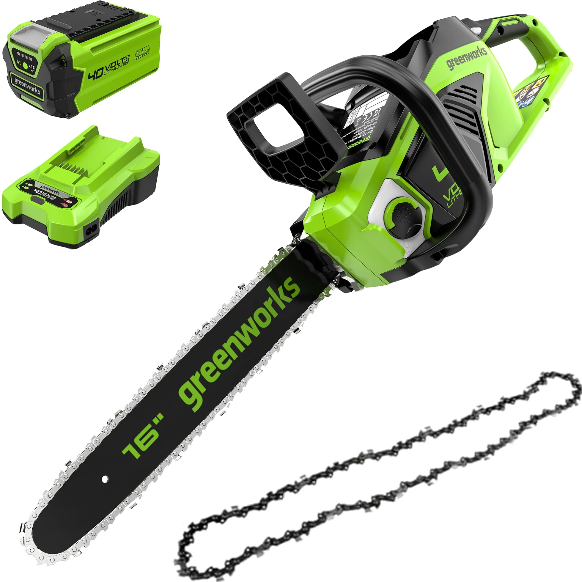 Greenworks GD40CS18 Tronçonneuse à Batterie avec Moteur Sans Balais, Longueur du Guide-Chaîne de 16-Pouces (40 cm), SANS Batterie 40V et Chargeur + Greenworks 40cm Chaîne