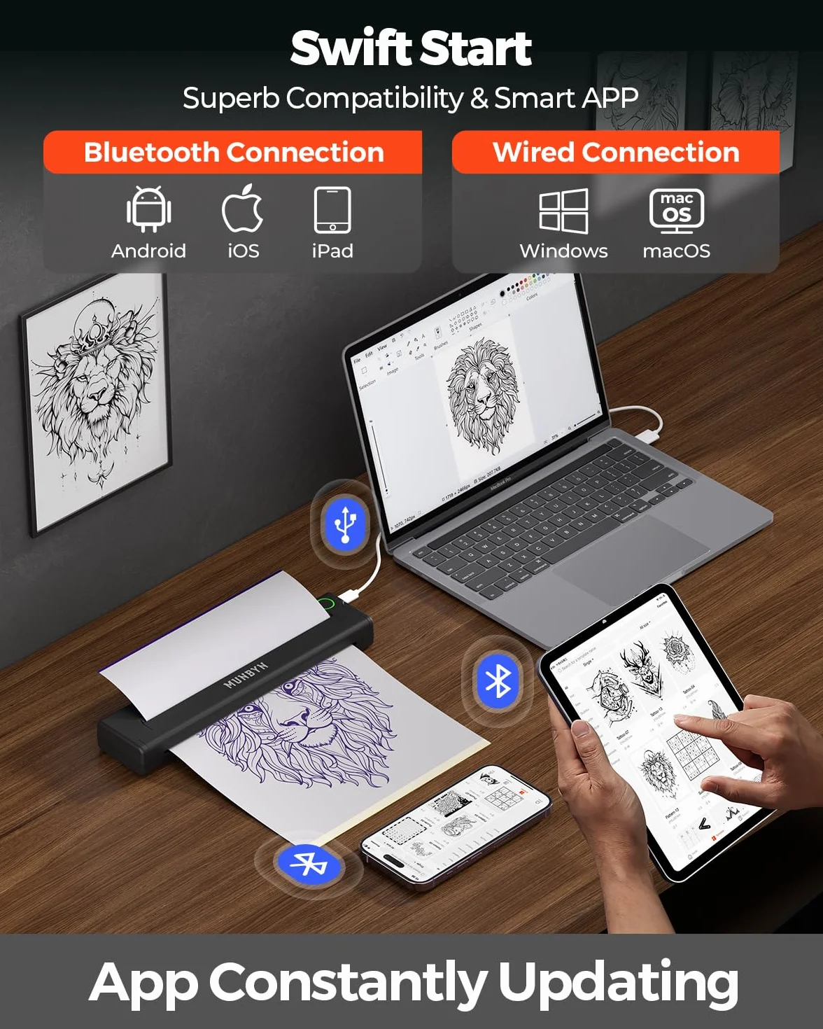 MUNBYN Thermocopieur Tatouage Bluetooth ITP05 20 Feuilles Papier Transfert Imprimante Stencil Tatouage Machine Copieur Noir