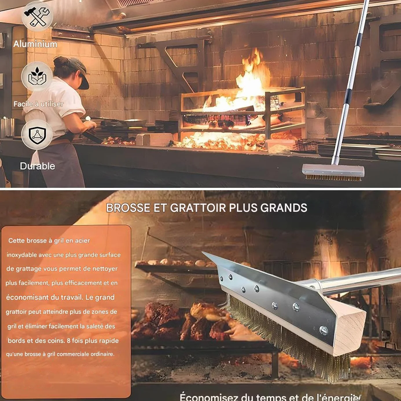 Brosse pour Four À Pizza avec Racloir - Nettoyant pour Pierre À Pizza - Outil Entretien Cuisine