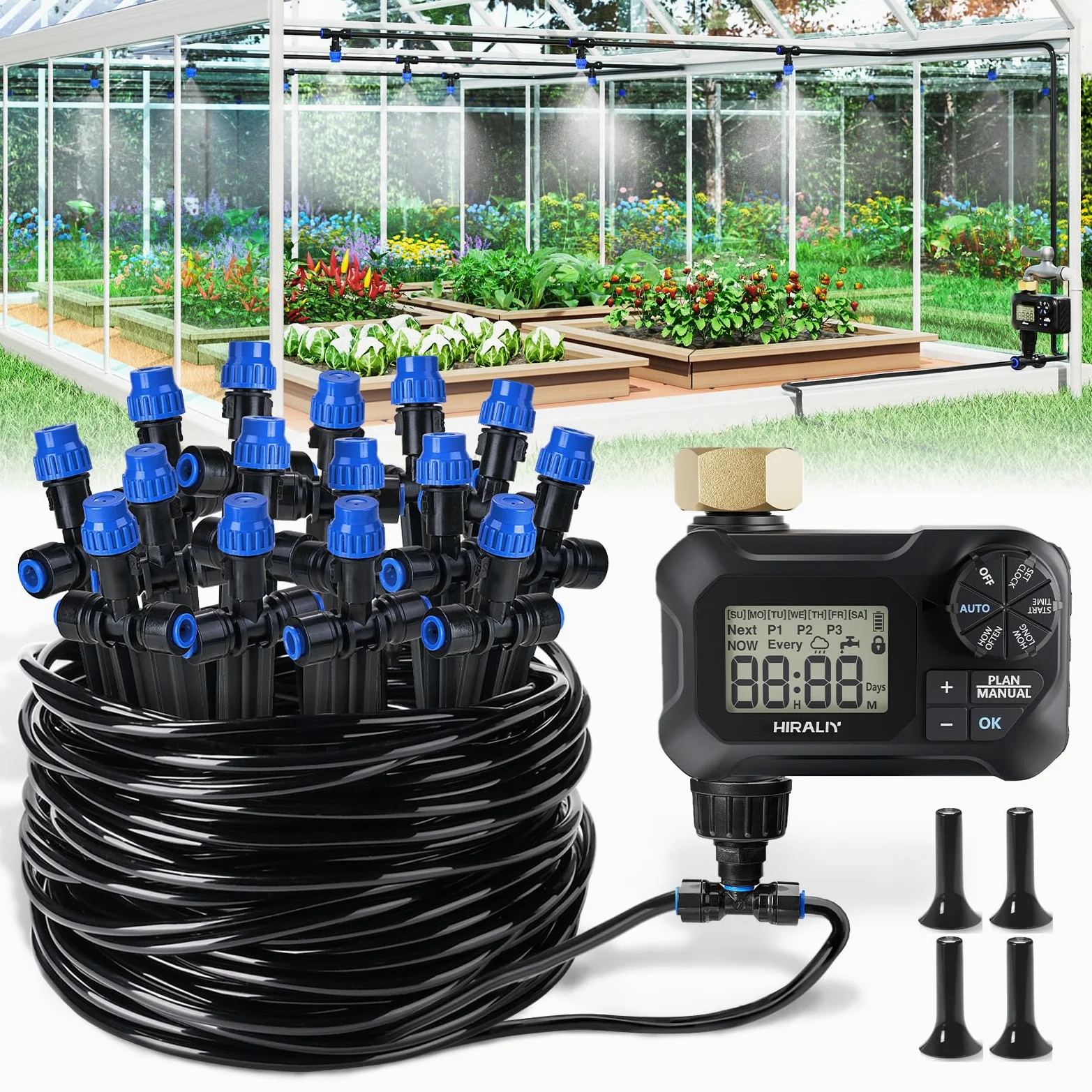 HIRALIY Kit d'irrigation goutte à goutte pour serre de 15,7 m avec minuterie de jardin, système d'arrosage pour plantes suspendues, avec tubes, buses de brumisation et minuterie d'eau, système