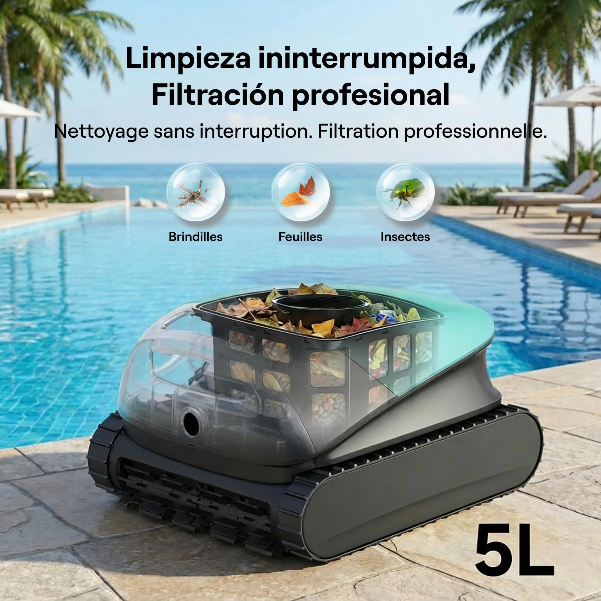 Beatbot Sora 10 Robot Piscine sans Fil 25700 LPH Fond Parois Ligne d'eau Plages Immergées Filtre 5L Spécial Feuilles 300 Min 300m² Vert