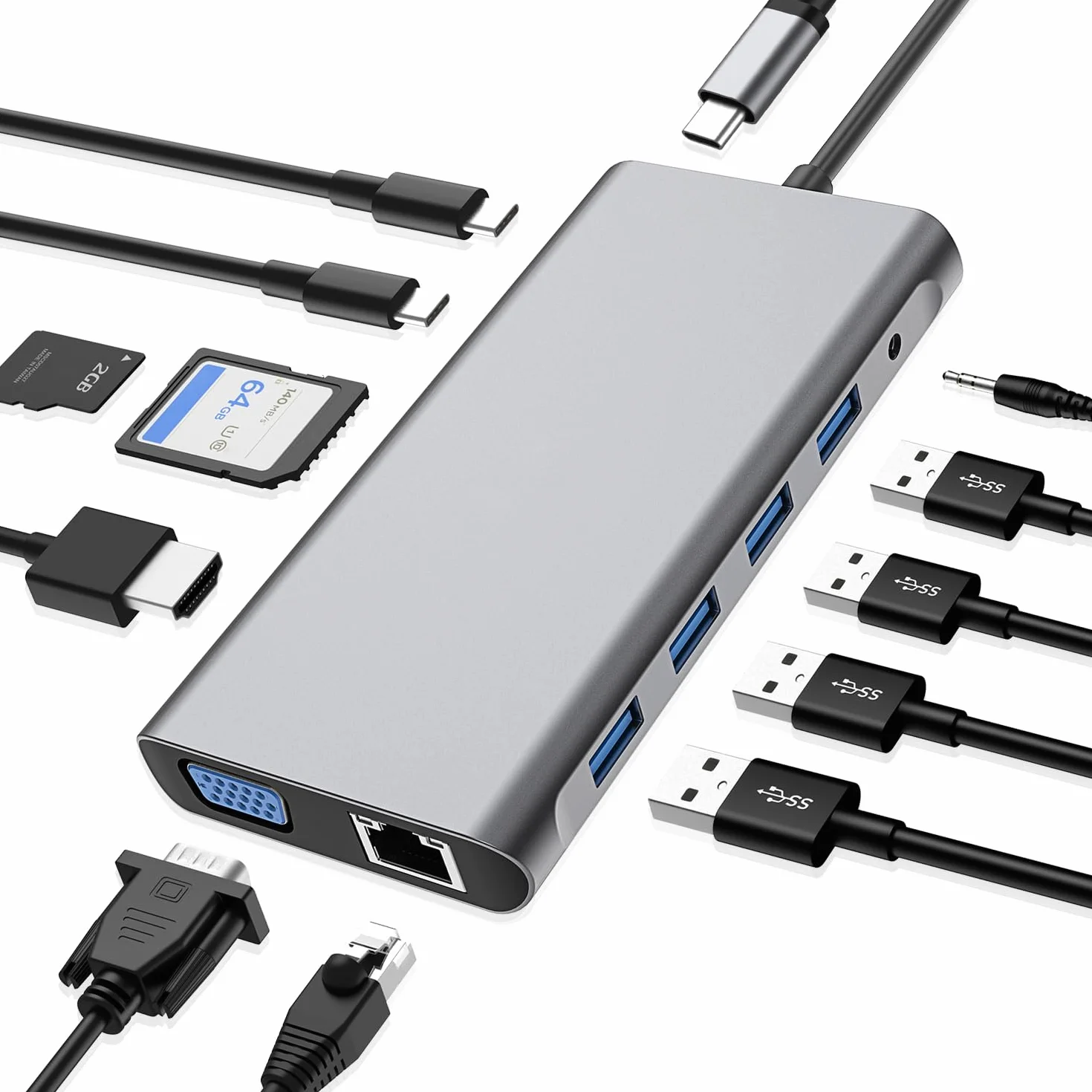 Station d'accueil 12 en 1 HDMI 4K VGA USB 3.0 USB C PD3.0 Ethernet RJ45 SD/TF 3.5mm AUX pour MacBook Pro Air