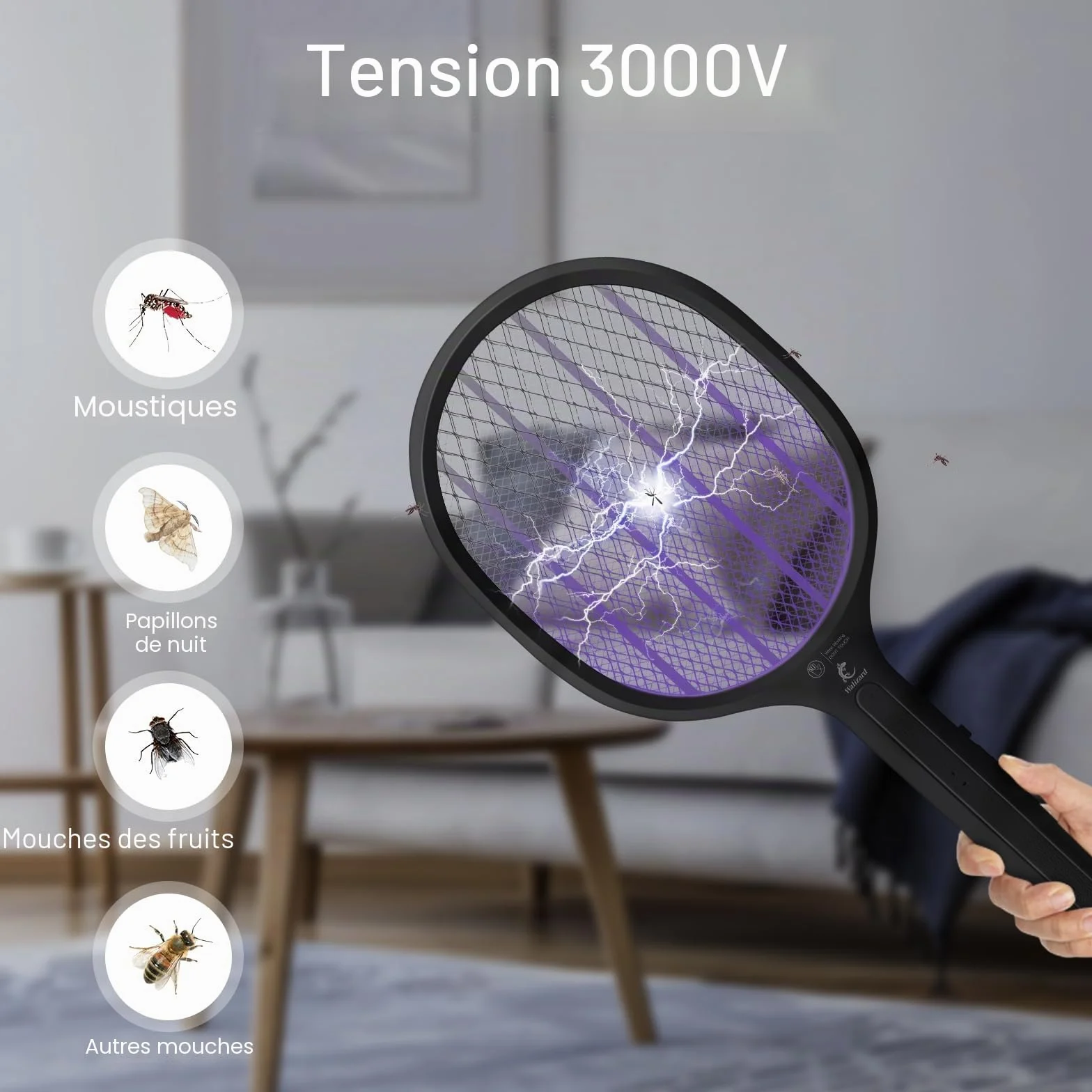 Raquette Electrique Insectes 2-in-1 Anti Moustique Tapette à Mouche 3000V USB Rechargeable