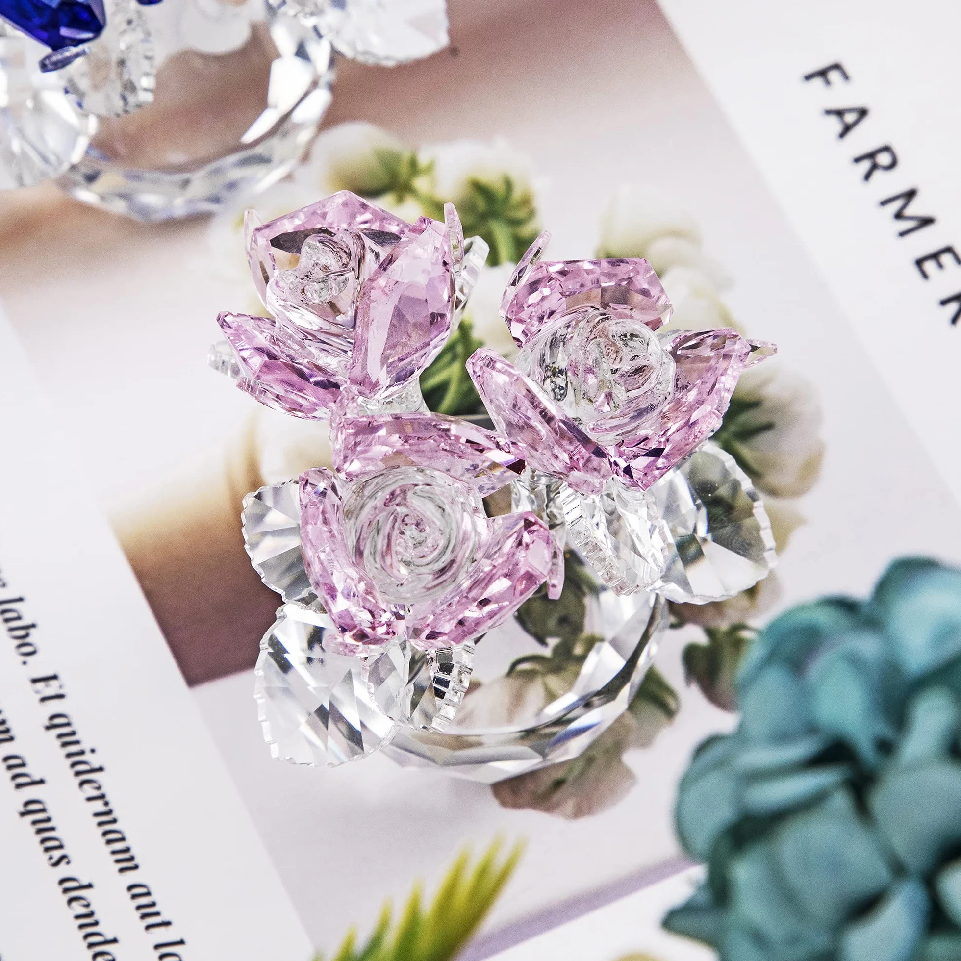 Bouquet de Roses en Cristal Rose - Figurine en Verre pour la fête des mères