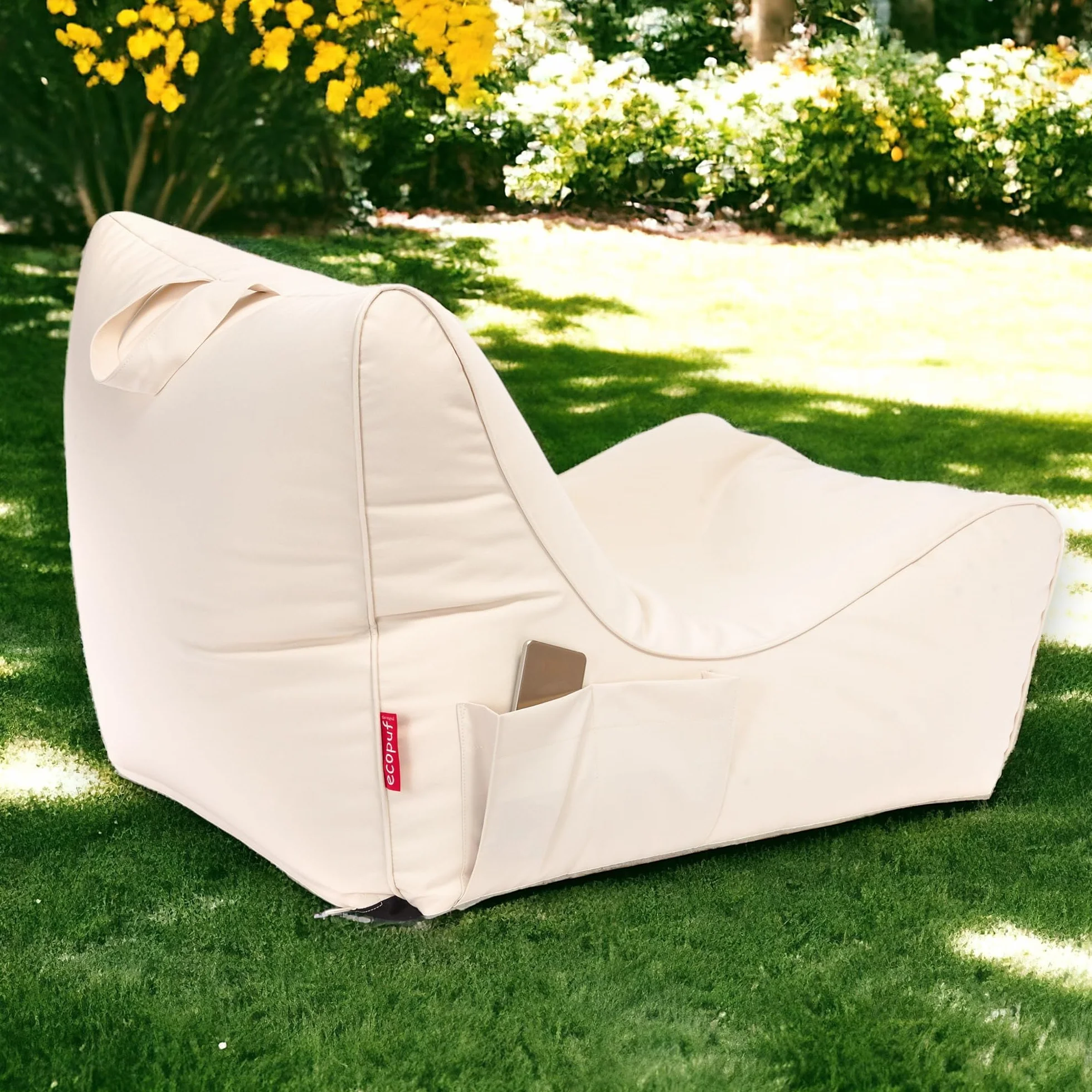 Ecopuf Pouf Armchair Sack Chaise Longue Waterproof Outdoor Cream with Storage Pocket and Handle