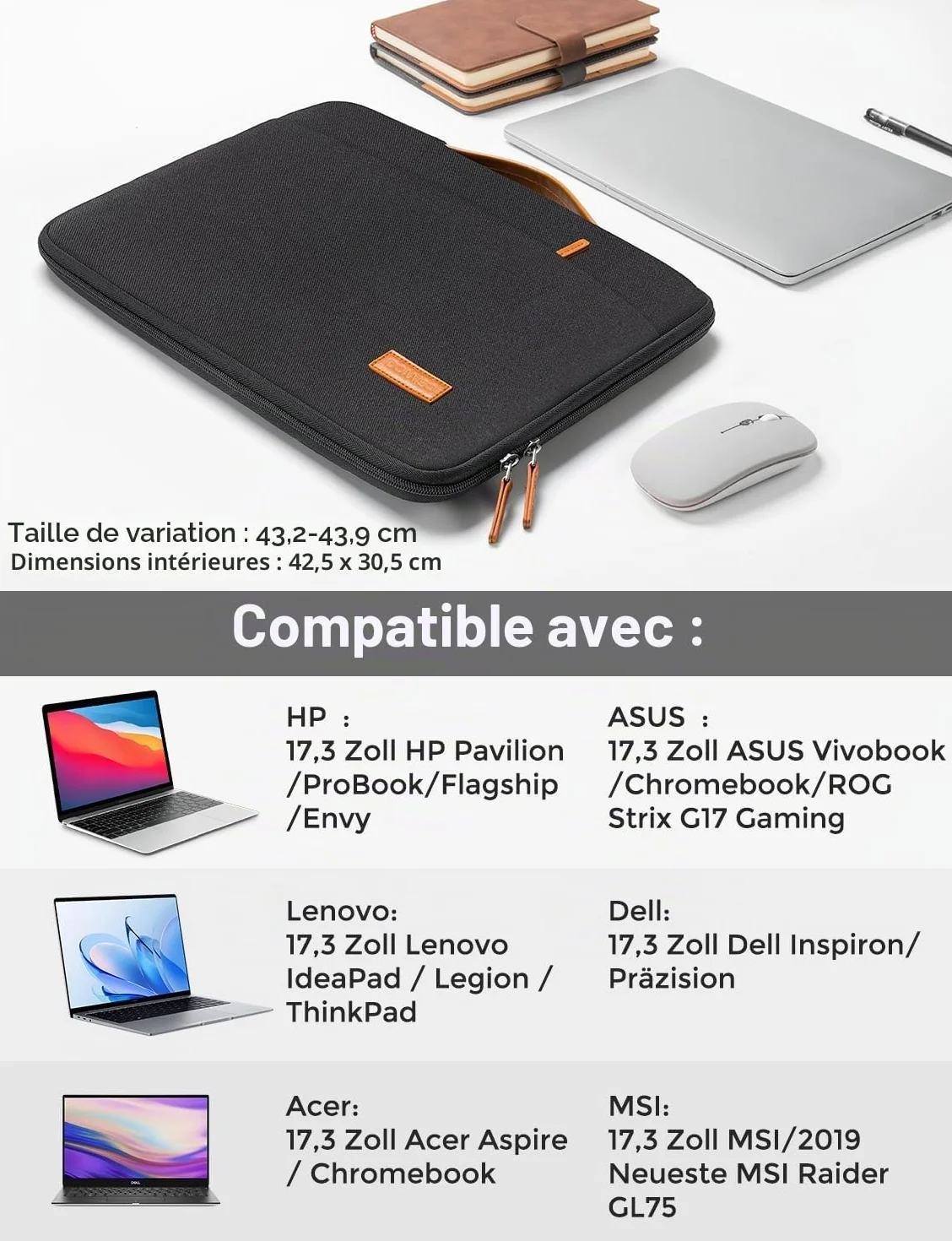 DOMISO Housse Ordinateur 17 Pouces Sacoche PC Portable Imperméable pour HP Lenovo Dell Acer ASUS Noir