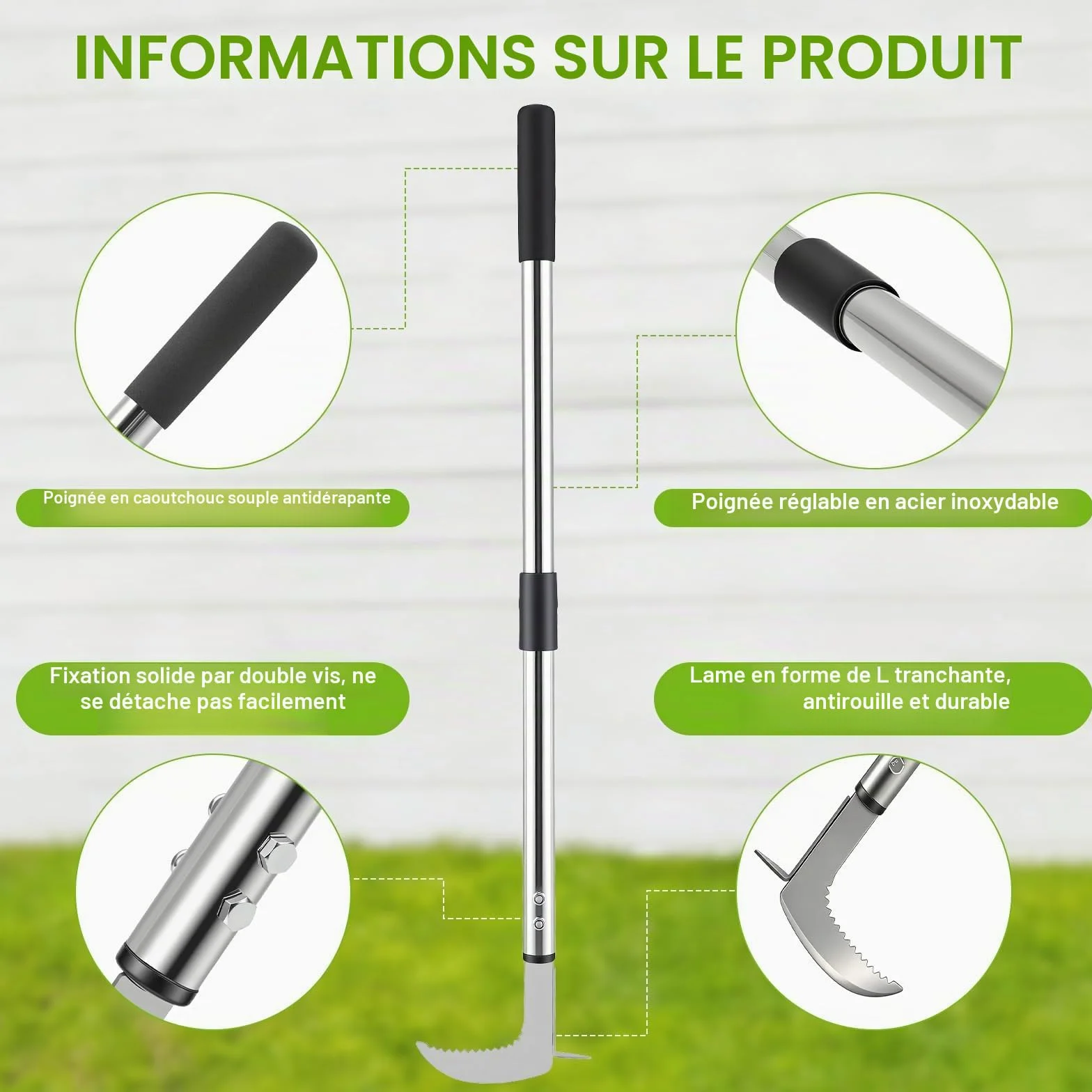 Outil de Désherbage avec Long Manche, 60-160 cm Désherbeur à Manche Long Réglables avec Bord Dentelé, Couteau Désherbeur Manuel en Acier Inoxydable pour Enlever la Mousse et Les Mauvaises Herbes