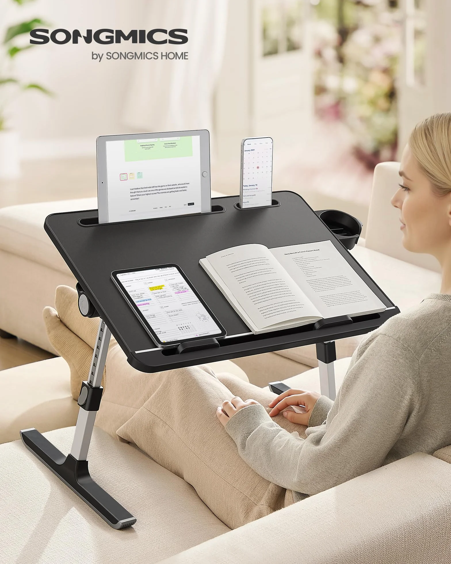 SONGMICS Table de Lit Pliable Plateau 56 x 40 cm Hauteur Réglable Inclinaison 120° Noir d’Encre