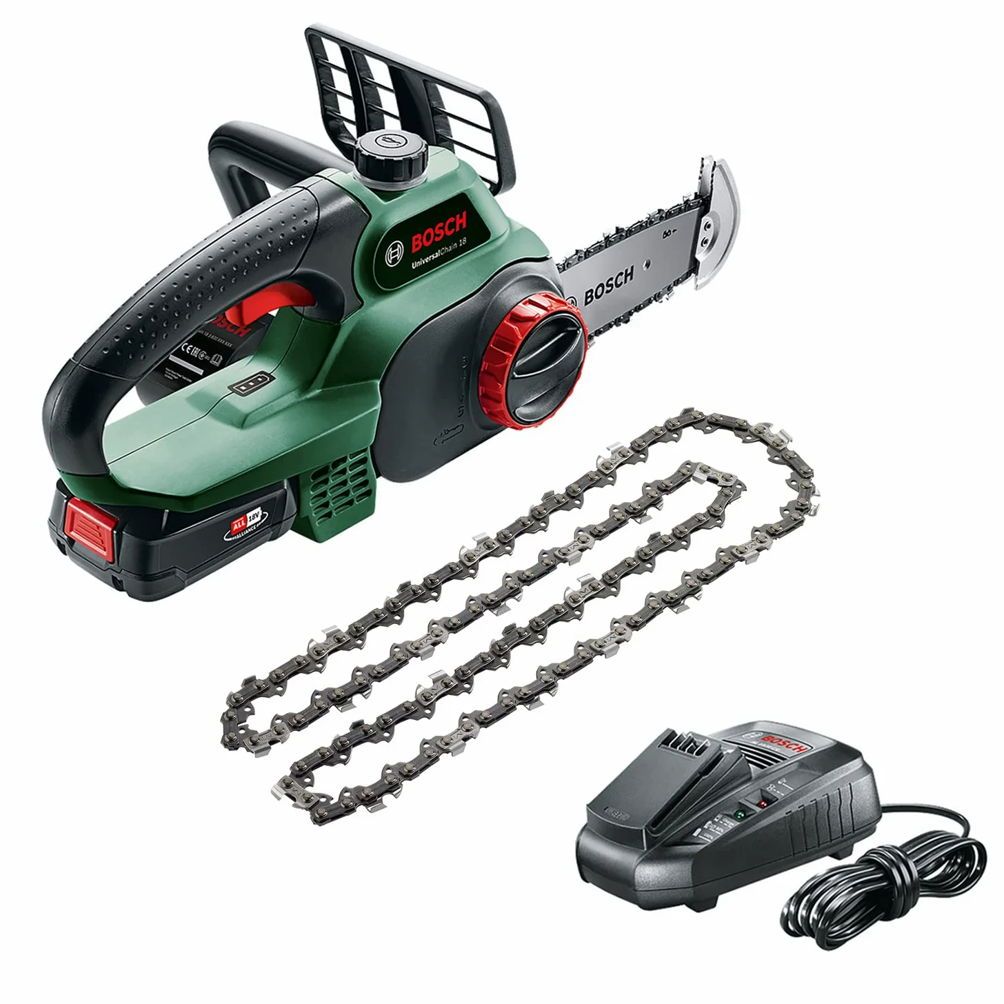 Bosch Tronçonneuse sans Fil - Universal Chain 18 (Livrée avec 1 Batterie 18v - 2,5ah, Huile 80 Ml, Système 18v, Longueur de Guide: 20cm) Vert & Bosch Home and Garden F016800489 Chaîne