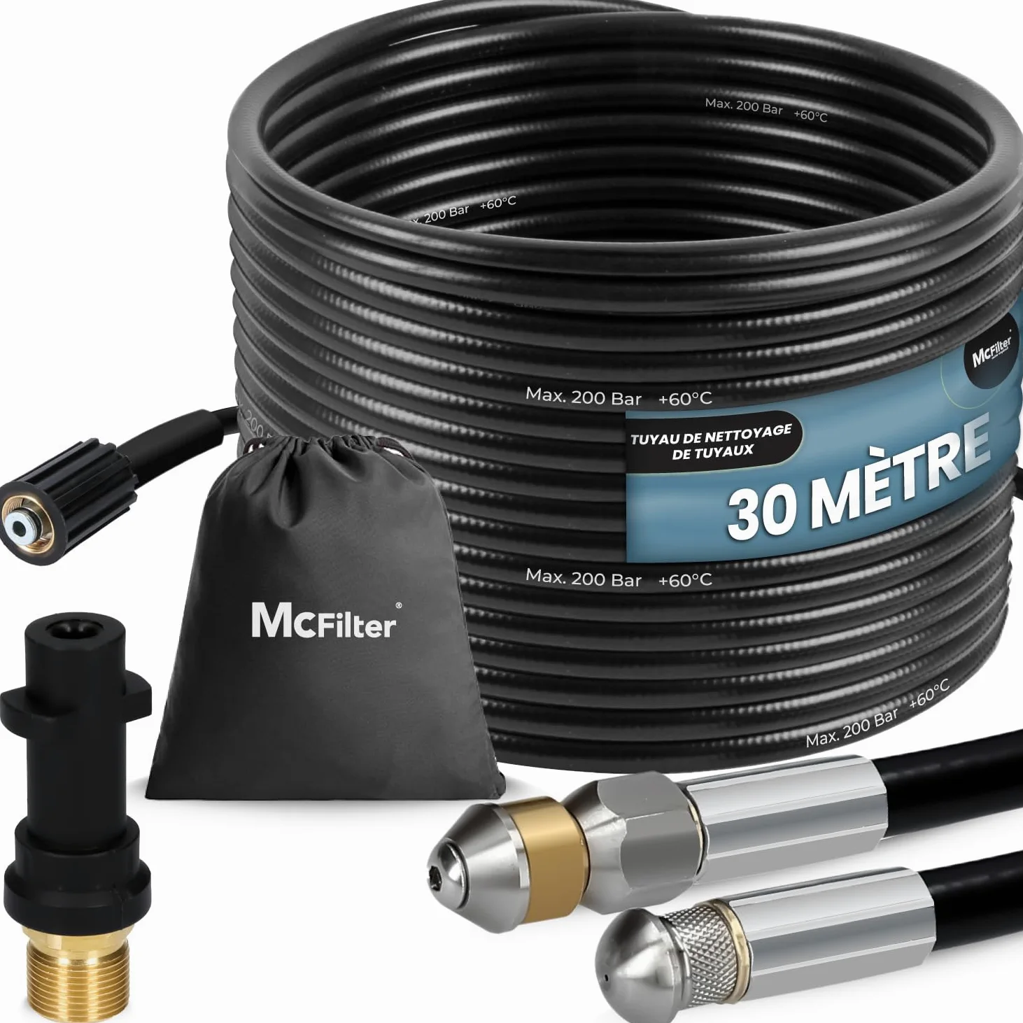 McFilter I Kit universel de tuyaux de nettoyage, 30m, 200 bar, sacoche avec adaptateur incluse, buses fixes + rotatives, compatible avec les nettoyeurs haute pression Kärcher K2 K3 K4 K5 K6 K7
