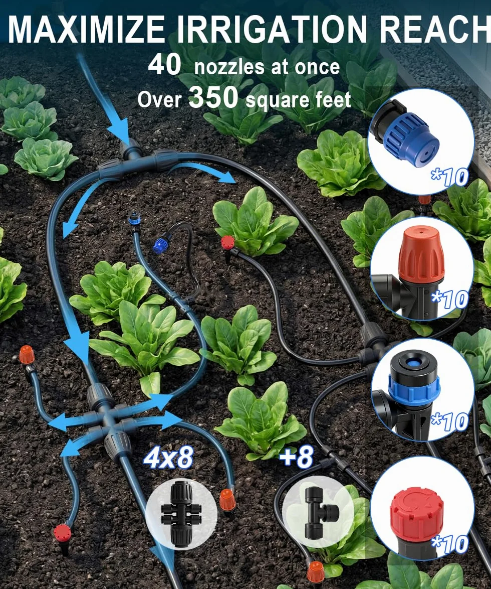 Système d'Arrosage Jardin 72 m avec 40 Buses et Raccords Fast-Lock | Compatible Gardena Micro Drip, Raccords 1/2" & 1/4", Pour Serre et Bac Surélevé, 12 m + 60 m, Plantes en Pot