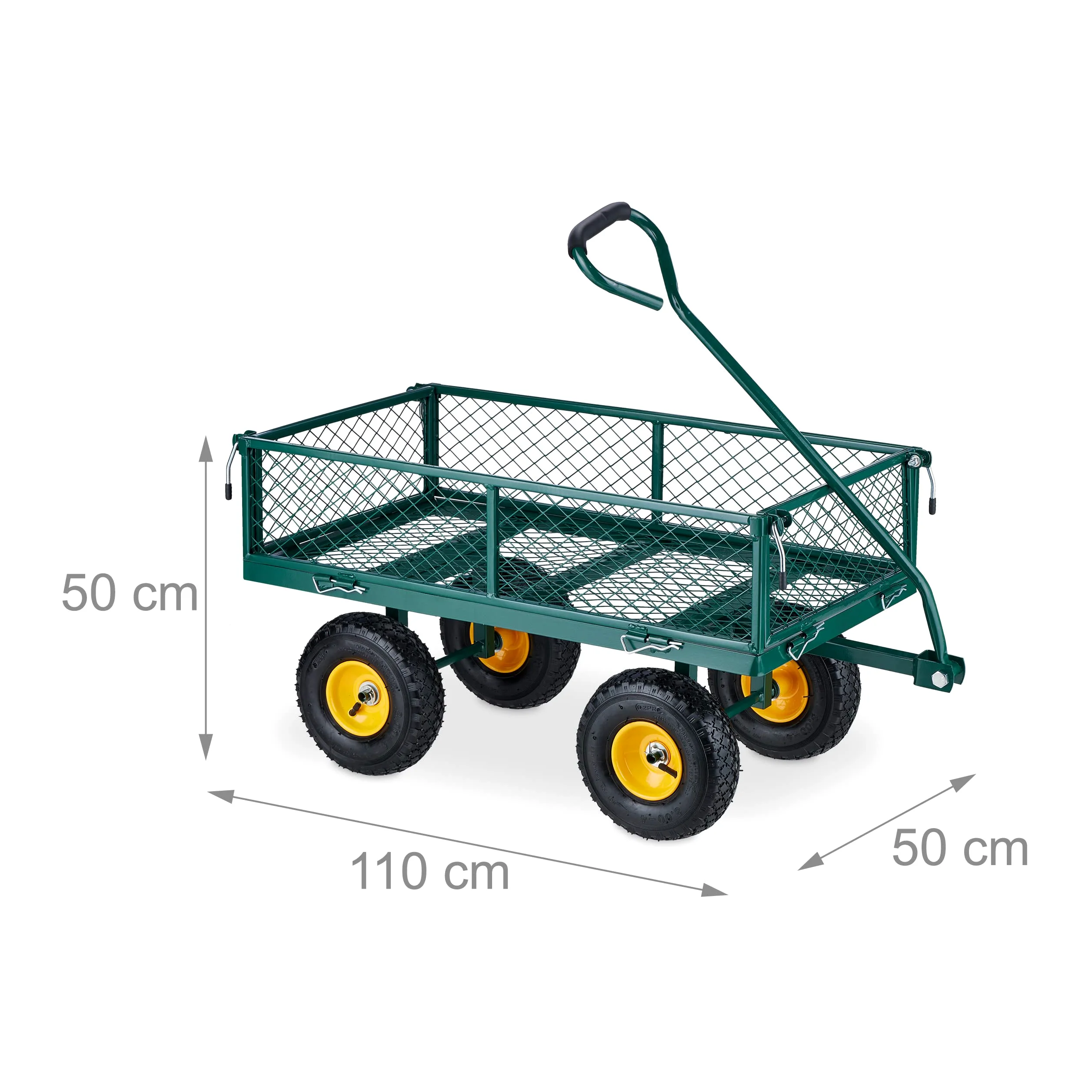 Relaxdays Chariot de Jardin Pratique, Roues pneumatiques, Parties latérales Pliables, Charge Max. 200 kg, Vert/Jaune