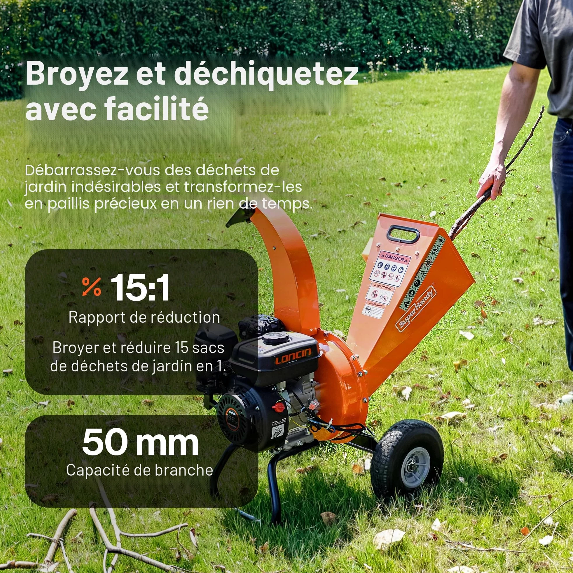 SuperHandy Mini broyeur de branches, 196 cm³, coupe jusqu’à 50 mm | Rapport 15:1; construction en acier robuste pour l’entretien du jardin, l’aménagement paysager et le nettoyage saisonnier