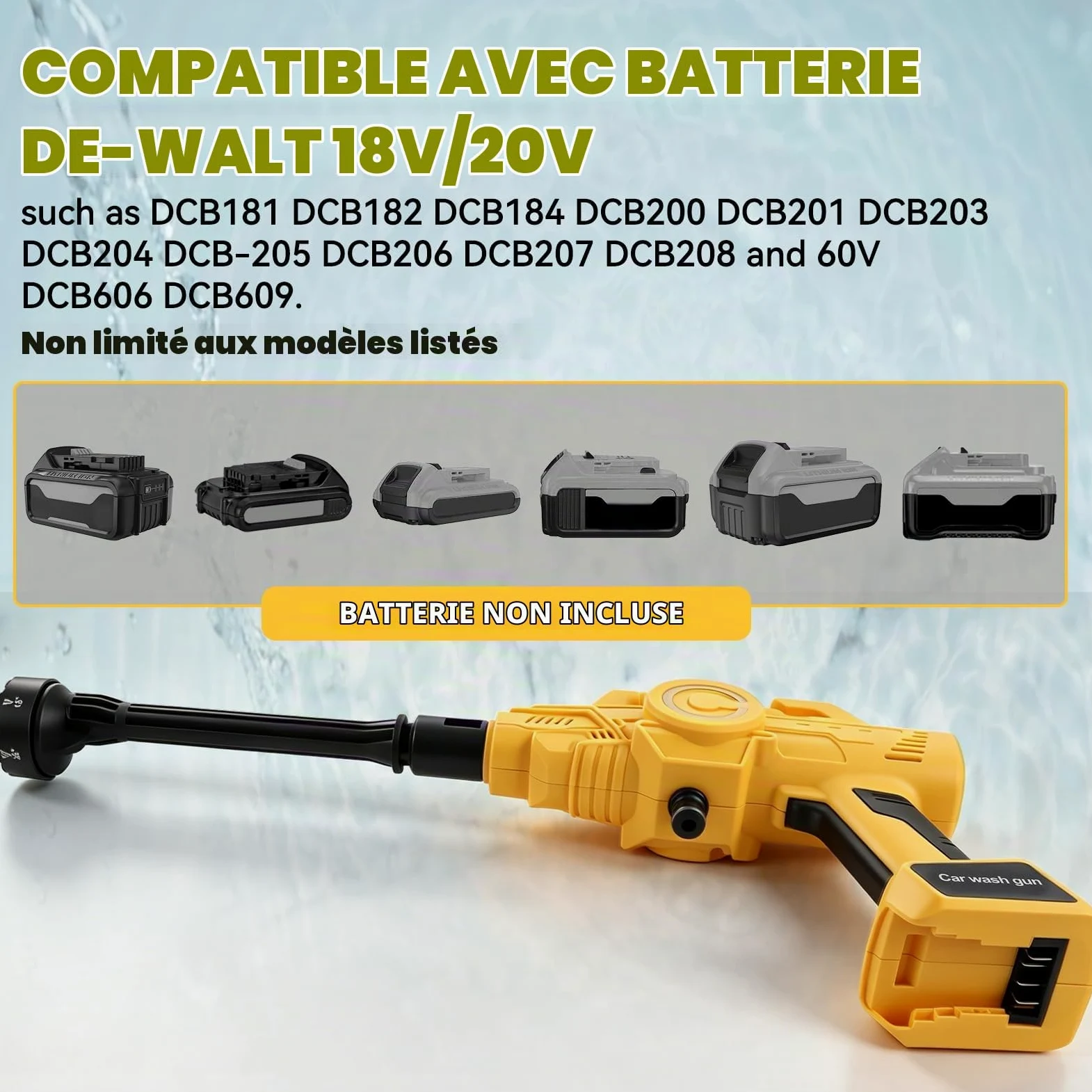 Nettoyeur haute pression sans fil compatible avec Dewalt 18/20 V, 21 000 tr/min, 69 bar, nettoyeur haute pression portable avec buse 6 en 1 pour nettoyer les sols, clôtures et murs de voiture, jaune