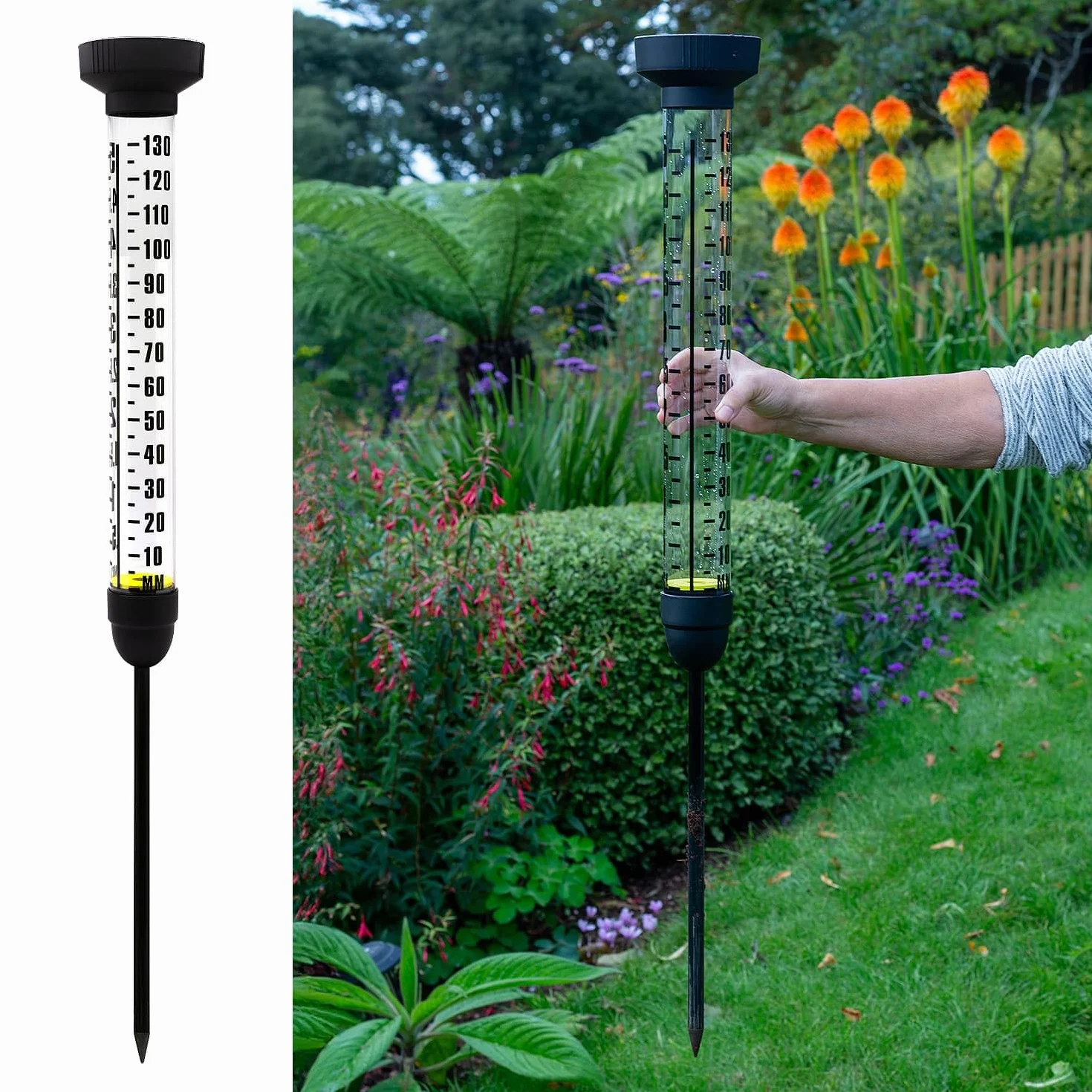 CKB LTD Pluviomètre avec Piquet pour Extérieur - Mesure Extra Large de la Pluie avec Double Échelle et Piquet au Sol pour Pelouses, Jardins, Fermes et Terrains de Golf 100 cm de Haut