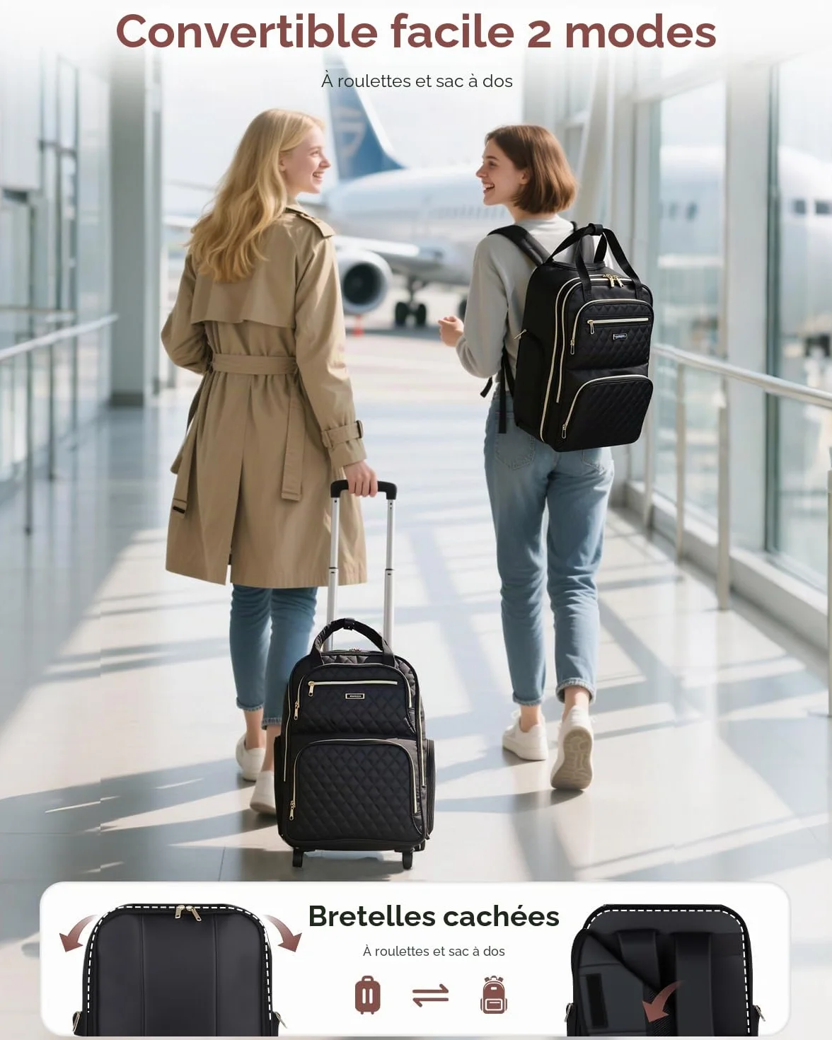 Ponhog Sac à Dos à roulettes pour Femme 35 L 17,3" Ordinateur Portable Voyage