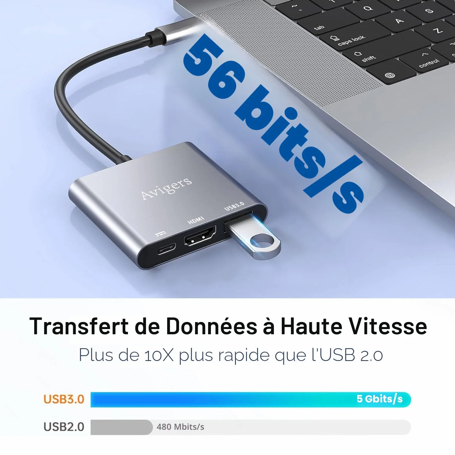 Adaptateur USB C vers HDMI 4K, Hub Multiport 3 en 1 avec PD Charge 100W, USB 3.0 pour Samsung MacBook Pro