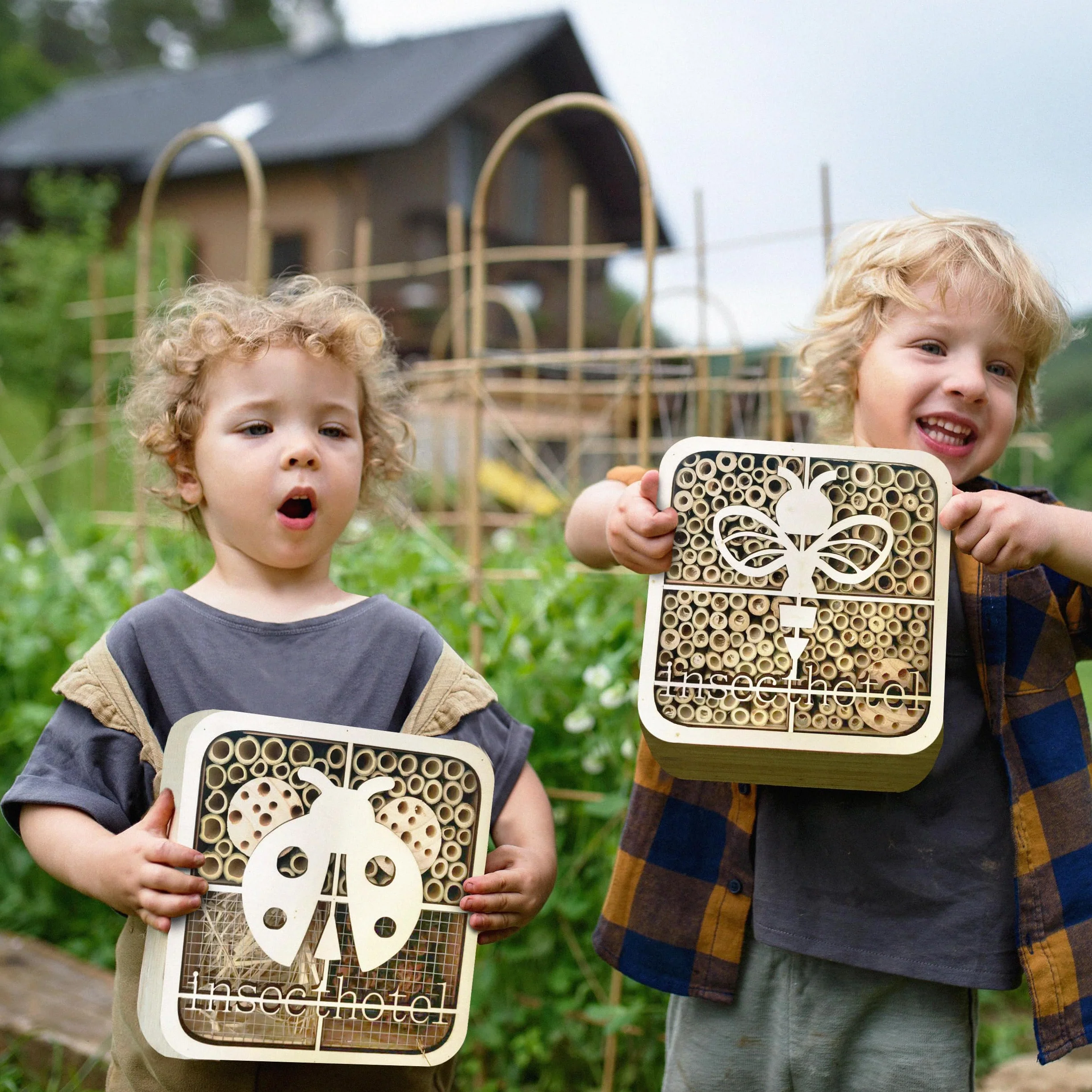 ISOTRONIC Hôtel à Insectes en Bois Naturel – Maison pour Abeilles et Coccinelles avec Abri en Bambou pour Jardin et Balcon