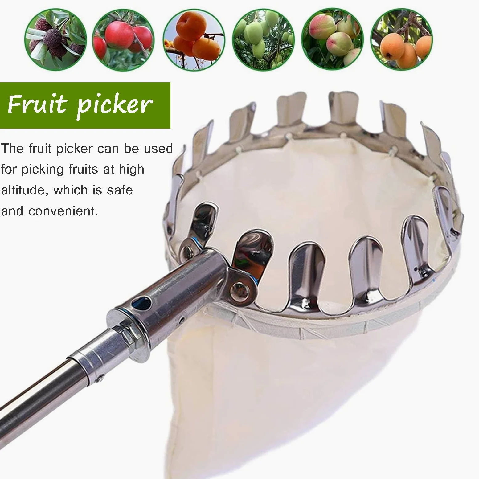 A,6.8 ft, Cueilleur De Fruits Télescopique, Pôle De Cueillette De Fruits, Cueilleur De Cerises, Métal Cueille-Fruits avec Sac De Collecte Outils De Jardin