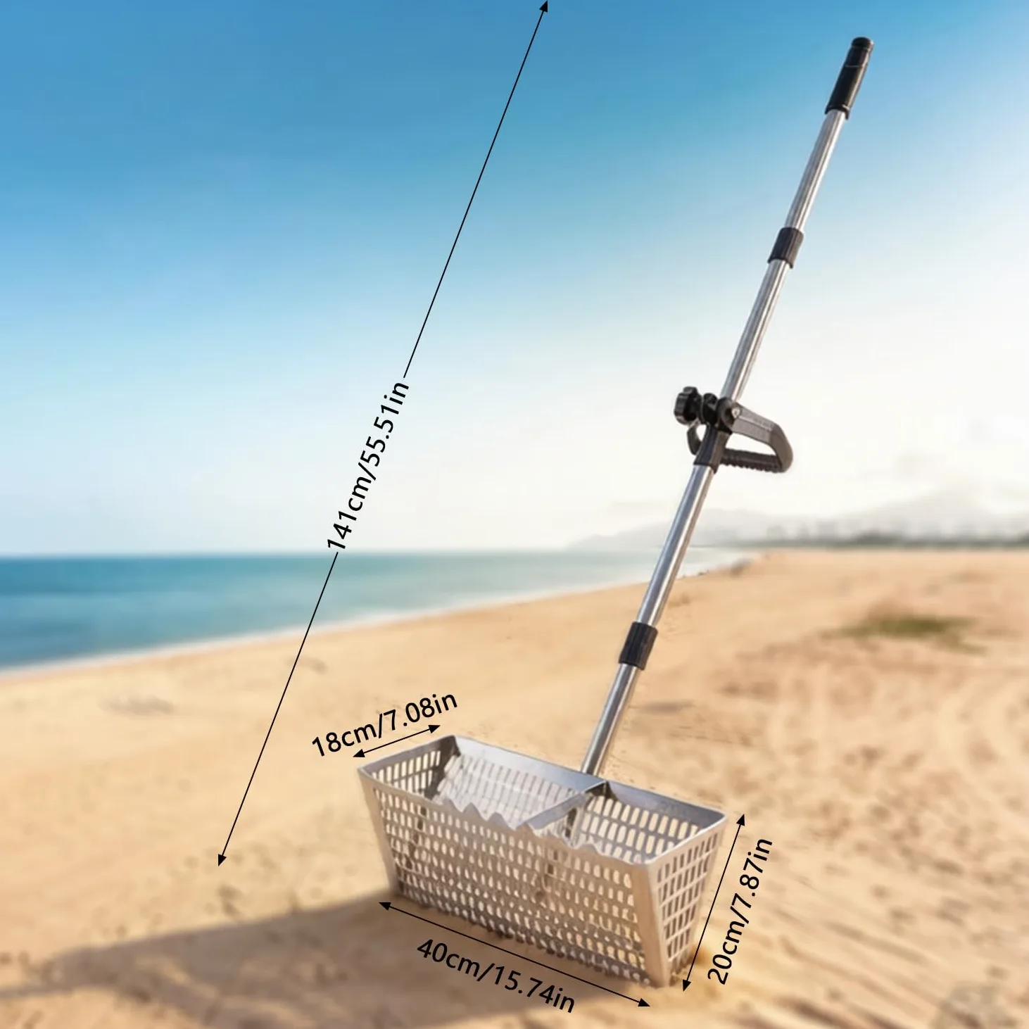 Râteau à sable de plage - Pelle à sable et tamis en acier inoxydable - Extra large - 40 cm de large avec dents de requin et manche amovible de 140 cm de long - Outil de chasse au trésor sur la plage